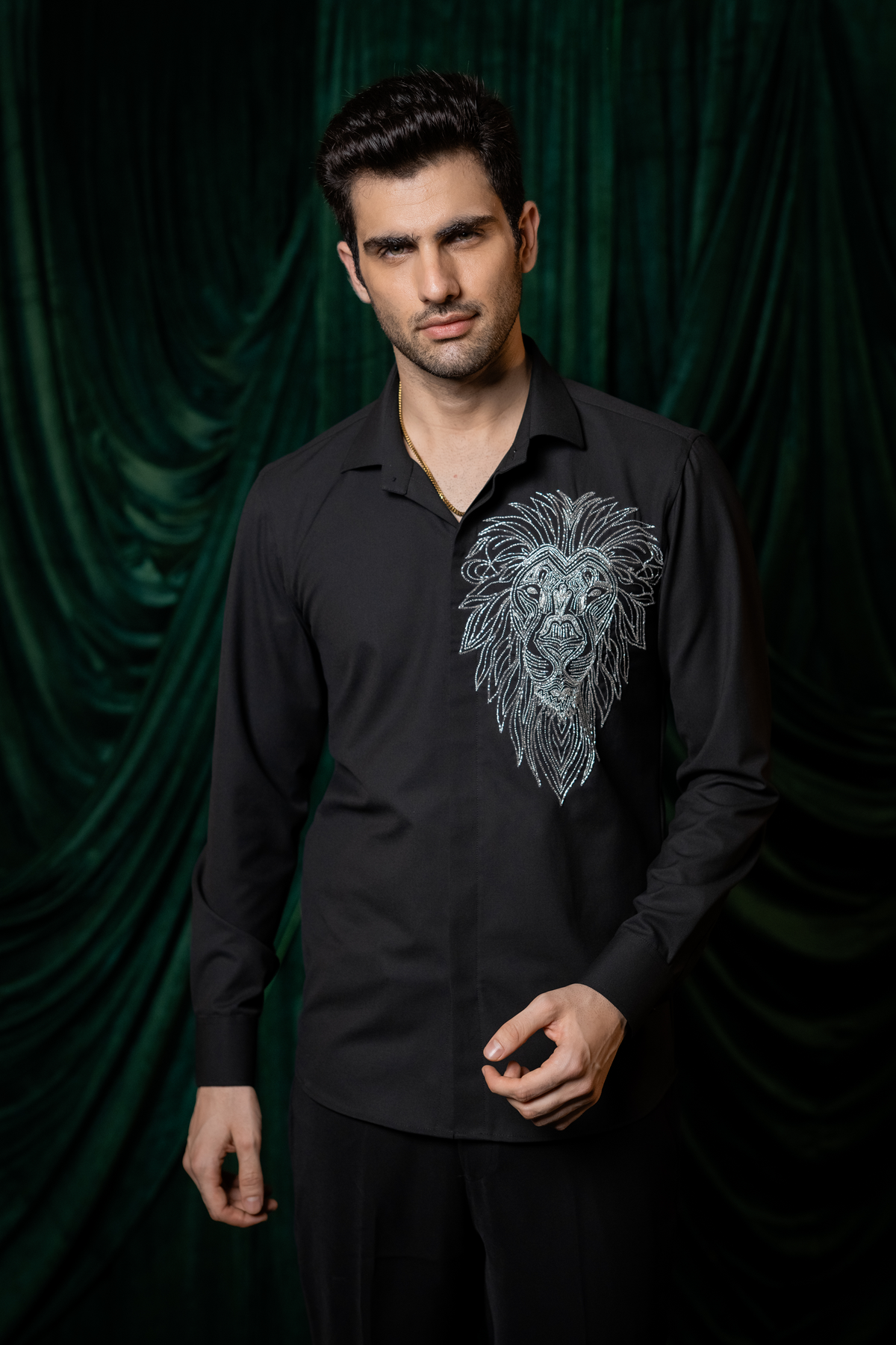 Sable — Black Hand Embroidered 4-Way Stretch Shirt
