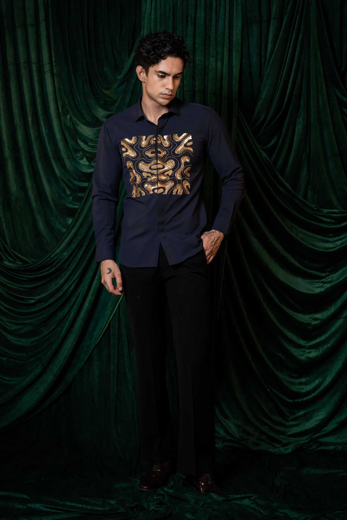 Molten — Midnight Blue Hand Embroidered 4-Way Stretch Shirt