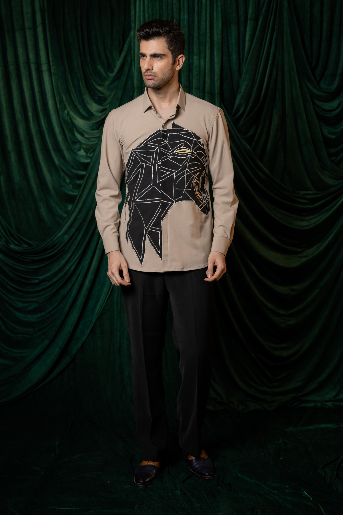 Persona — Beige Thread Embroidered 4-Way Stretch Shirt