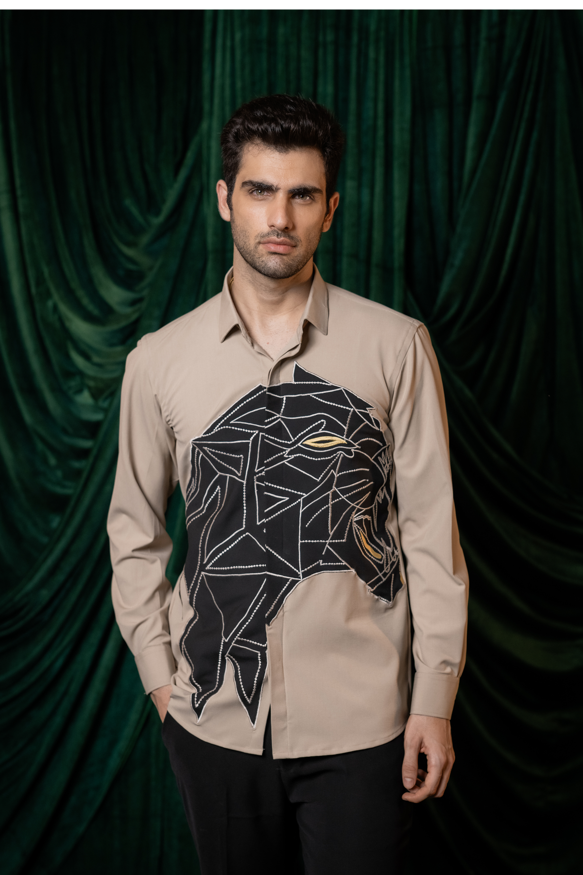 Persona — Beige Thread Embroidered 4-Way Stretch Shirt