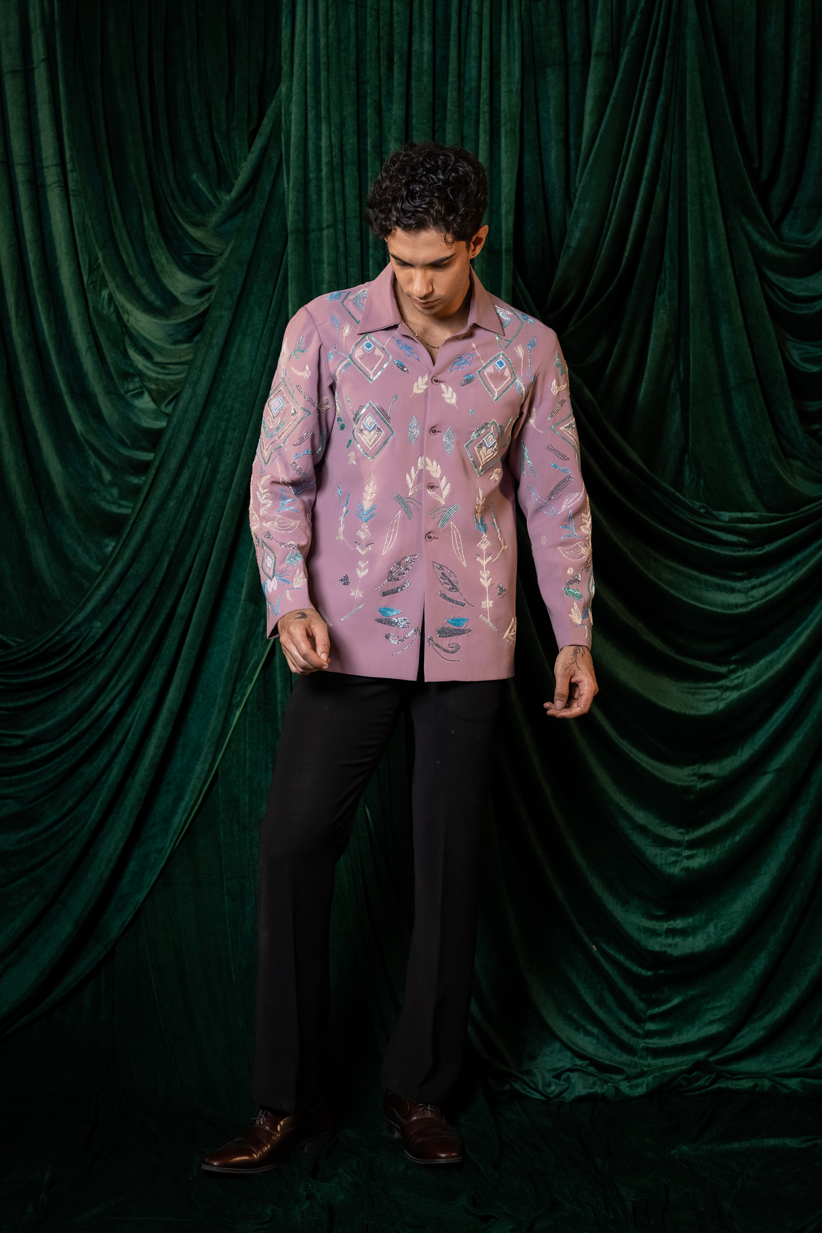 Foliage — Dusty Mauve Hand Embroidered Armani Fabric Shirt