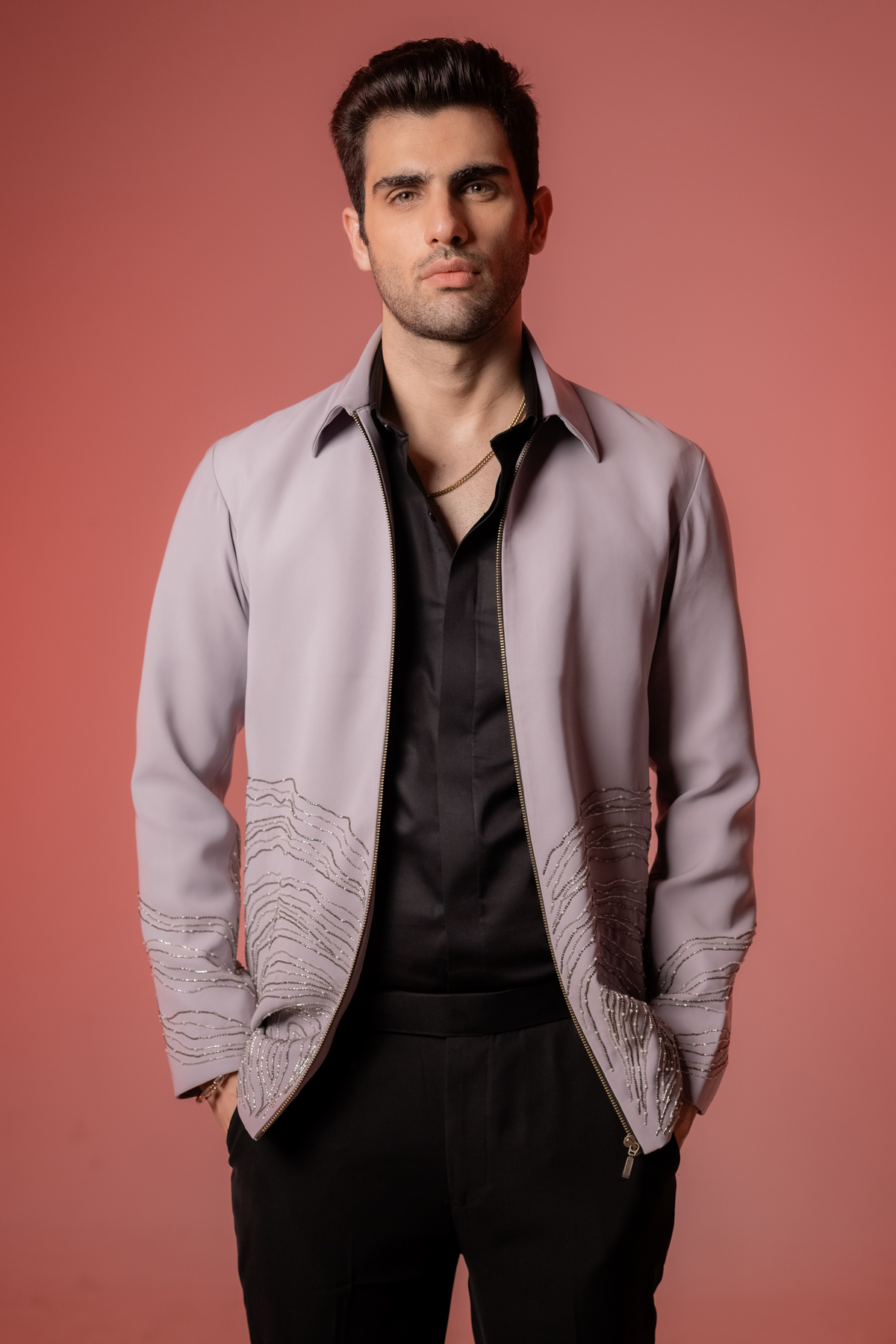 Echo Form — Grey Hand Embroidered Armani Fabric Shacket