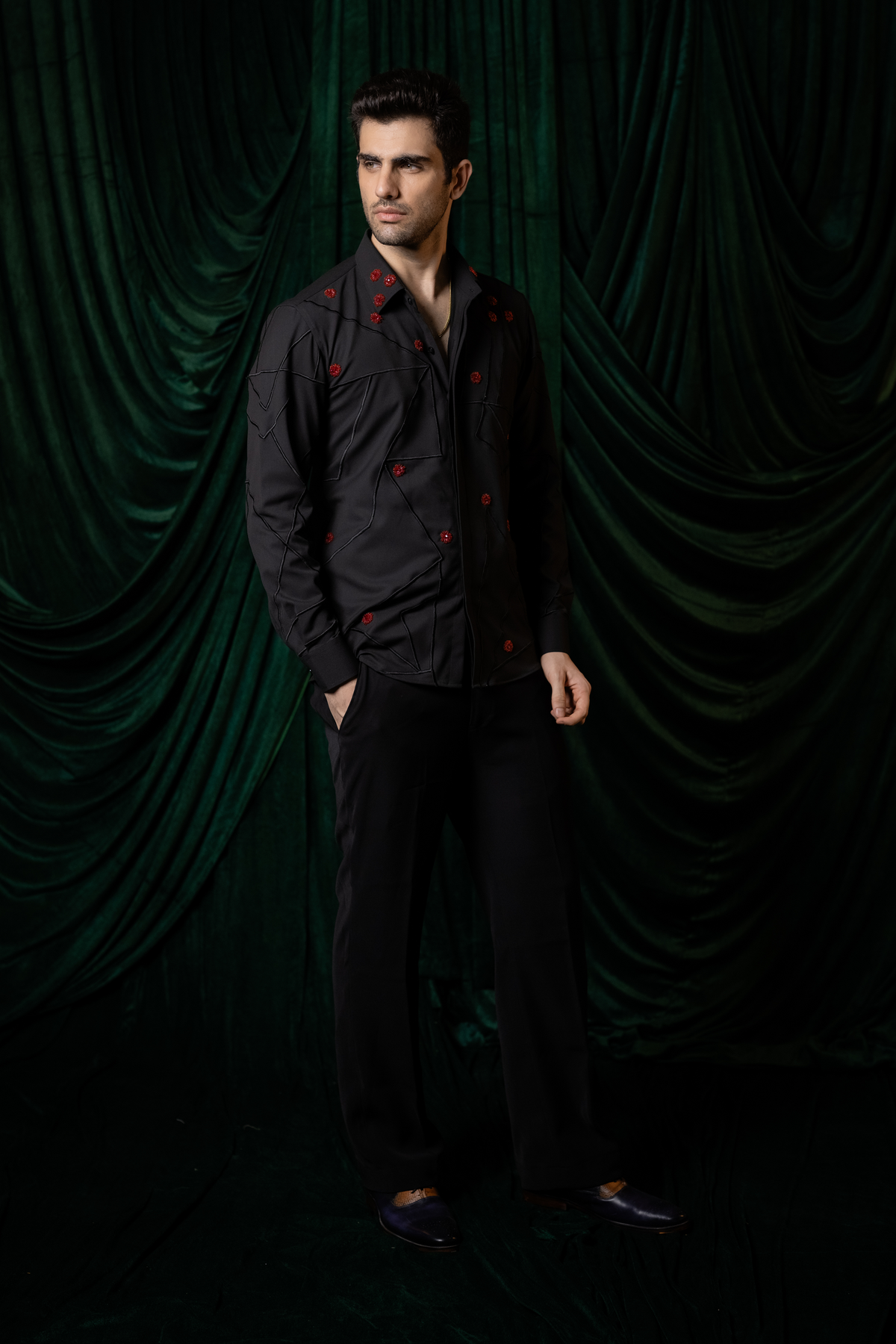 Zyra — Black Hand & Thread Embroidered 4-Way Stretch Shirt