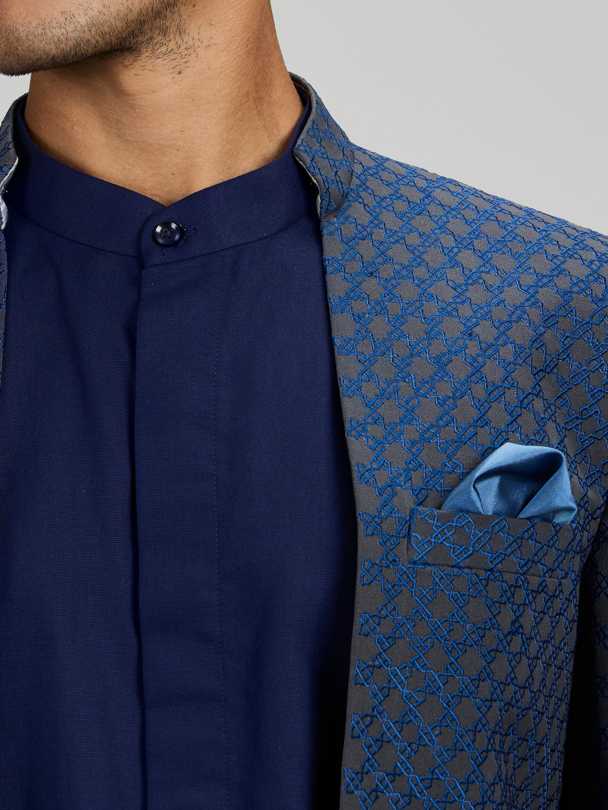 Charcoal and teal starrio open bandhgala jacket