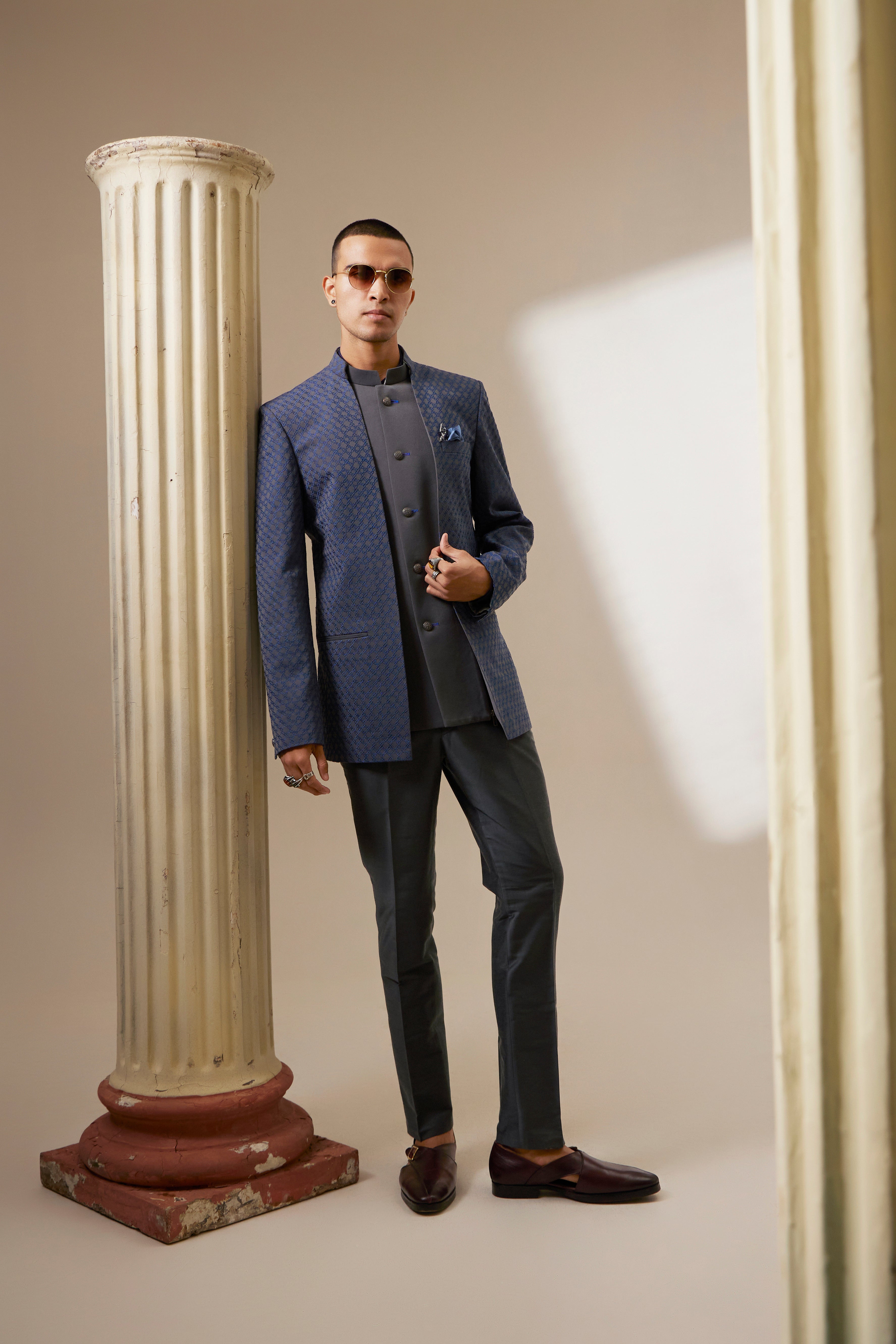 Charcoal and teal starrio embroidered 2 in1 bandhgala jacket