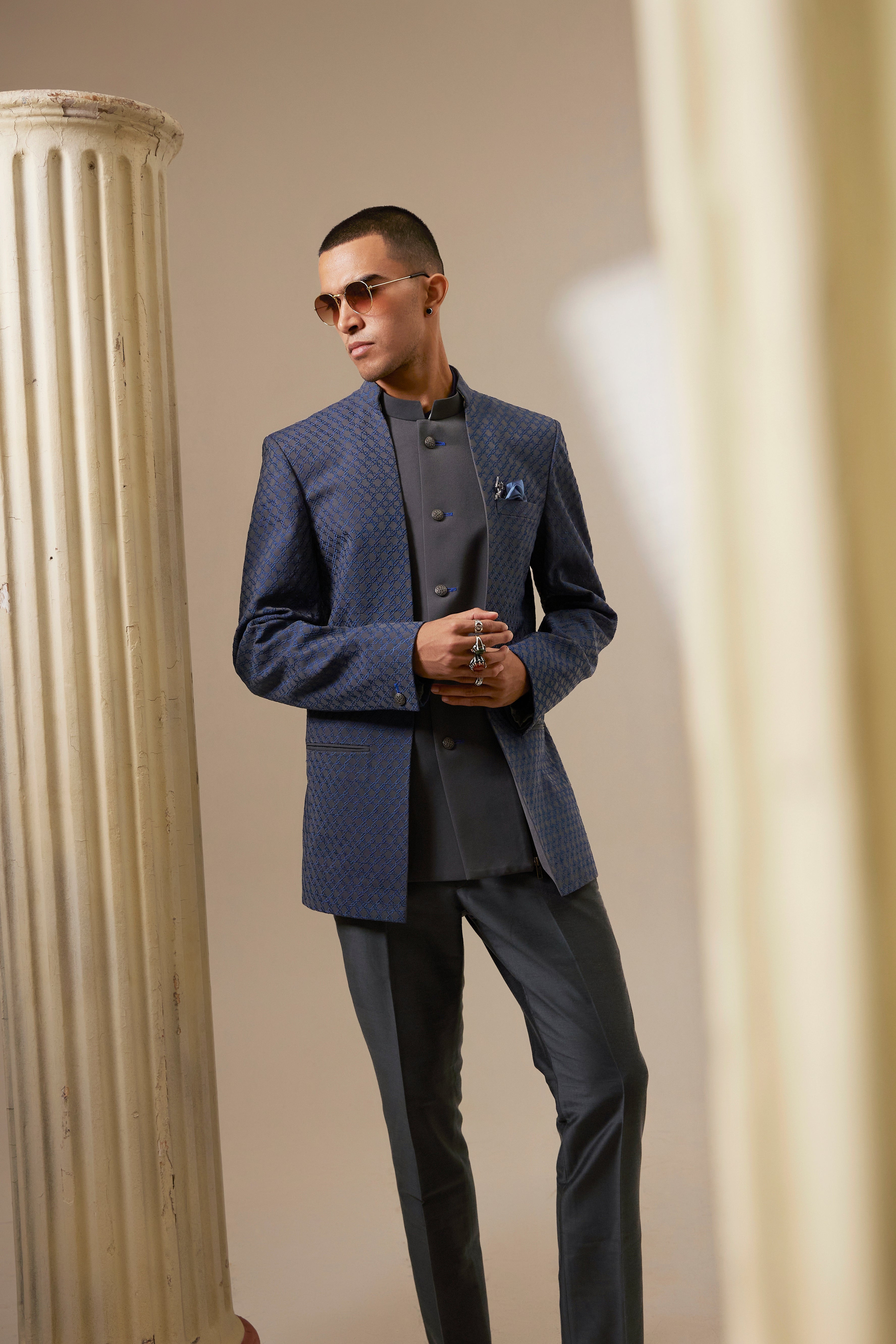Charcoal and teal starrio embroidered 2 in1 bandhgala jacket