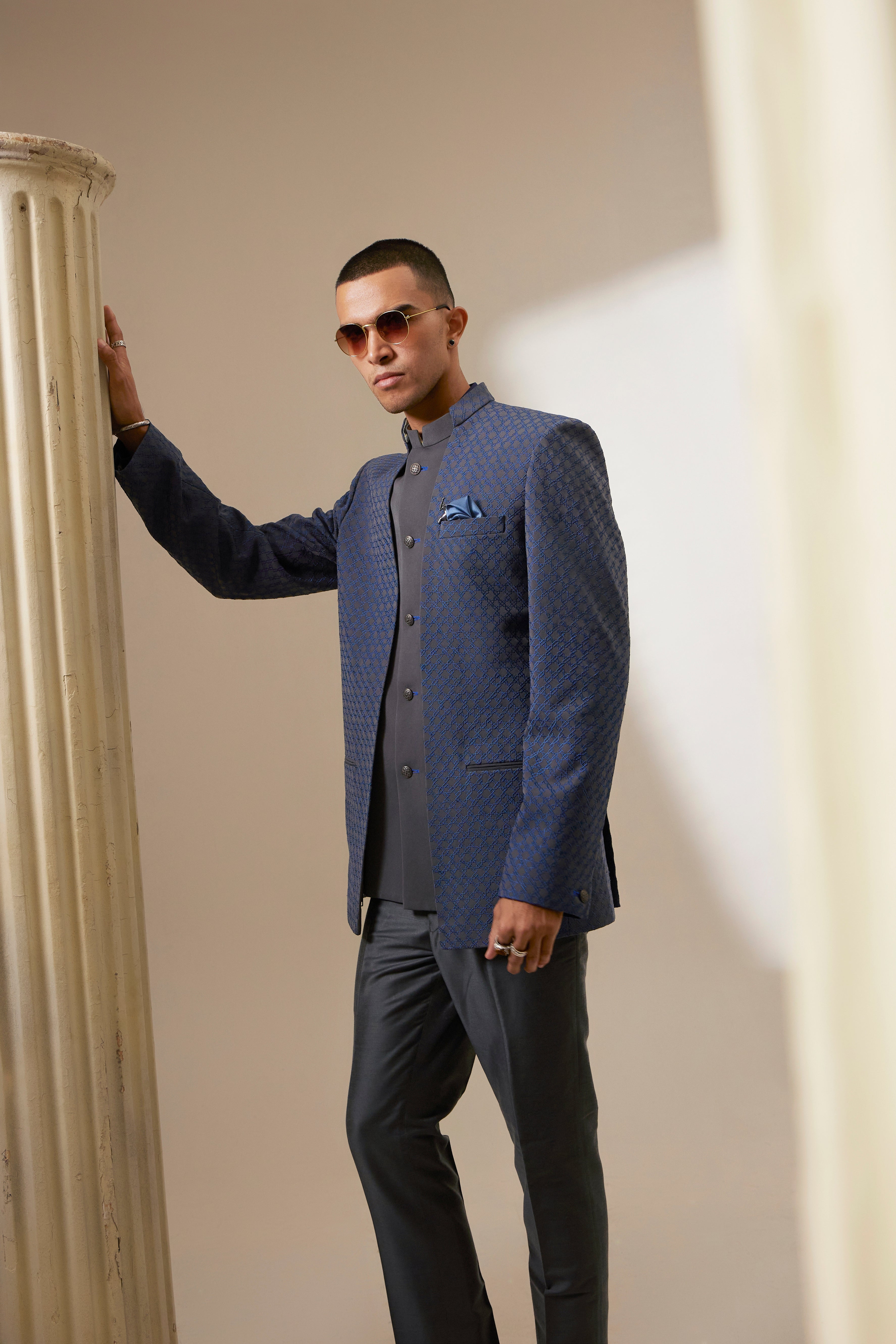 Charcoal and teal starrio embroidered 2 in1 bandhgala jacket