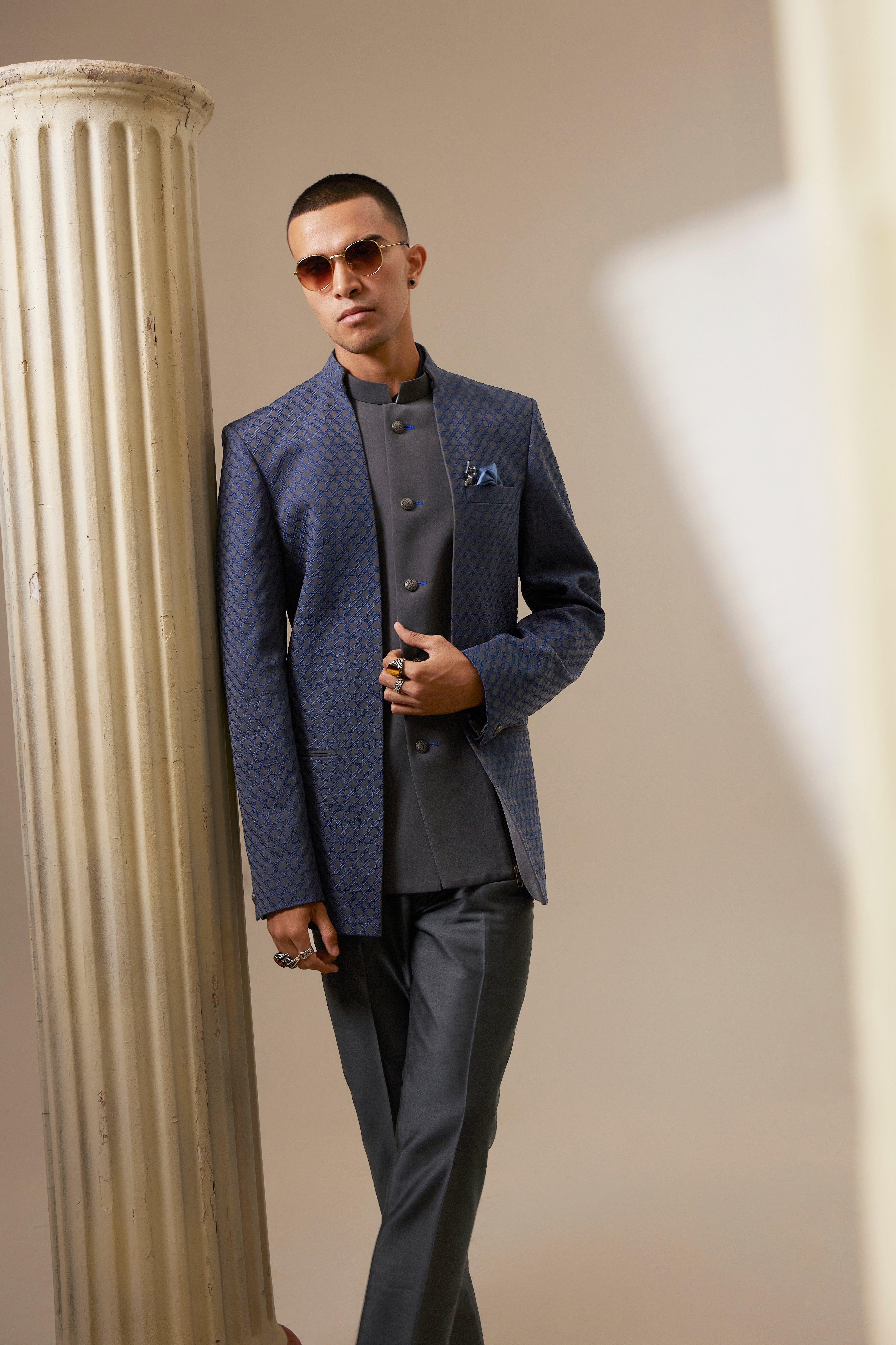 Charcoal and teal starrio embroidered 2 in1 bandhgala jacket