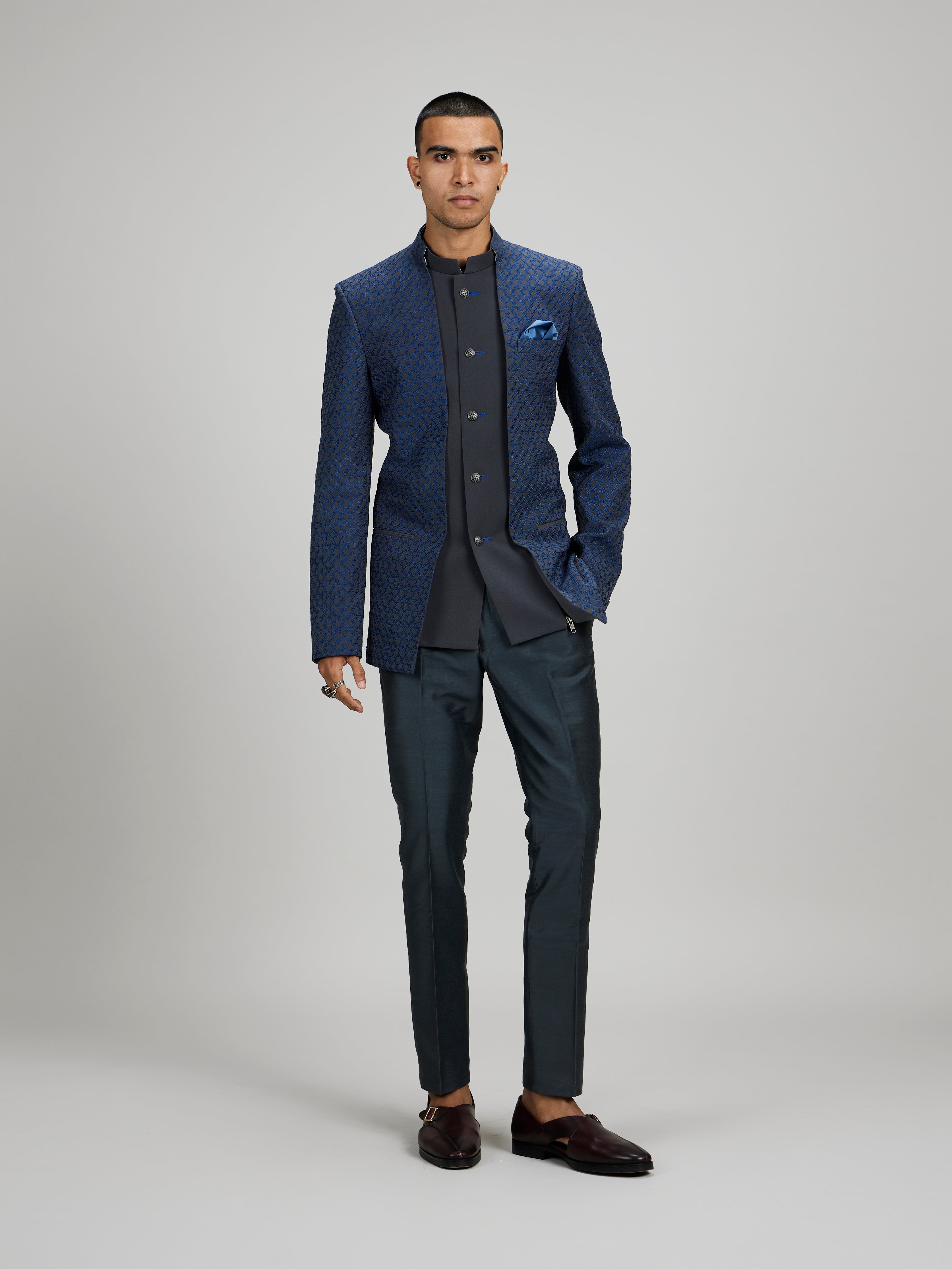 Charcoal and teal starrio embroidered 2 in1 bandhgala jacket