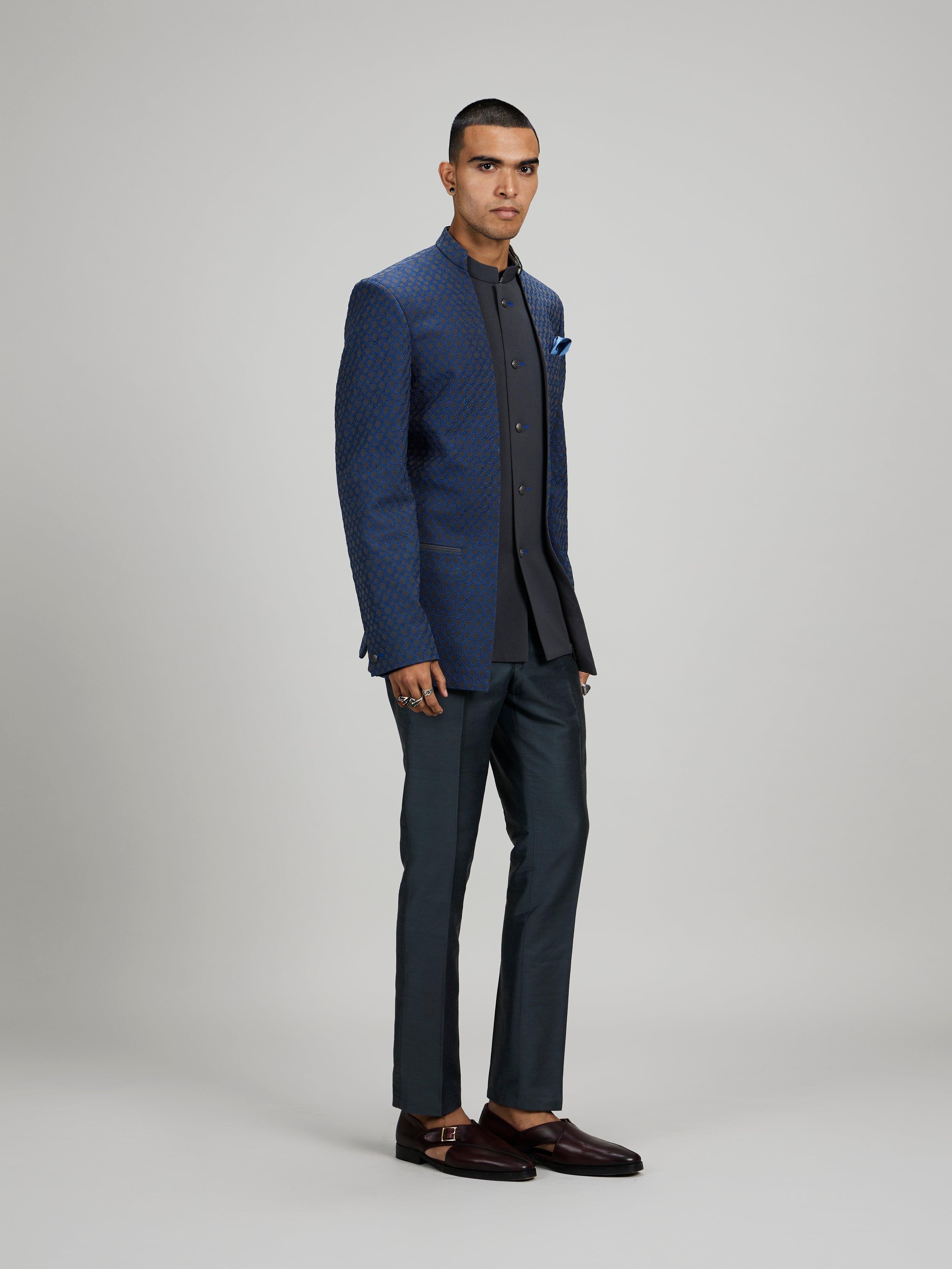Charcoal and teal starrio embroidered 2 in1 bandhgala jacket