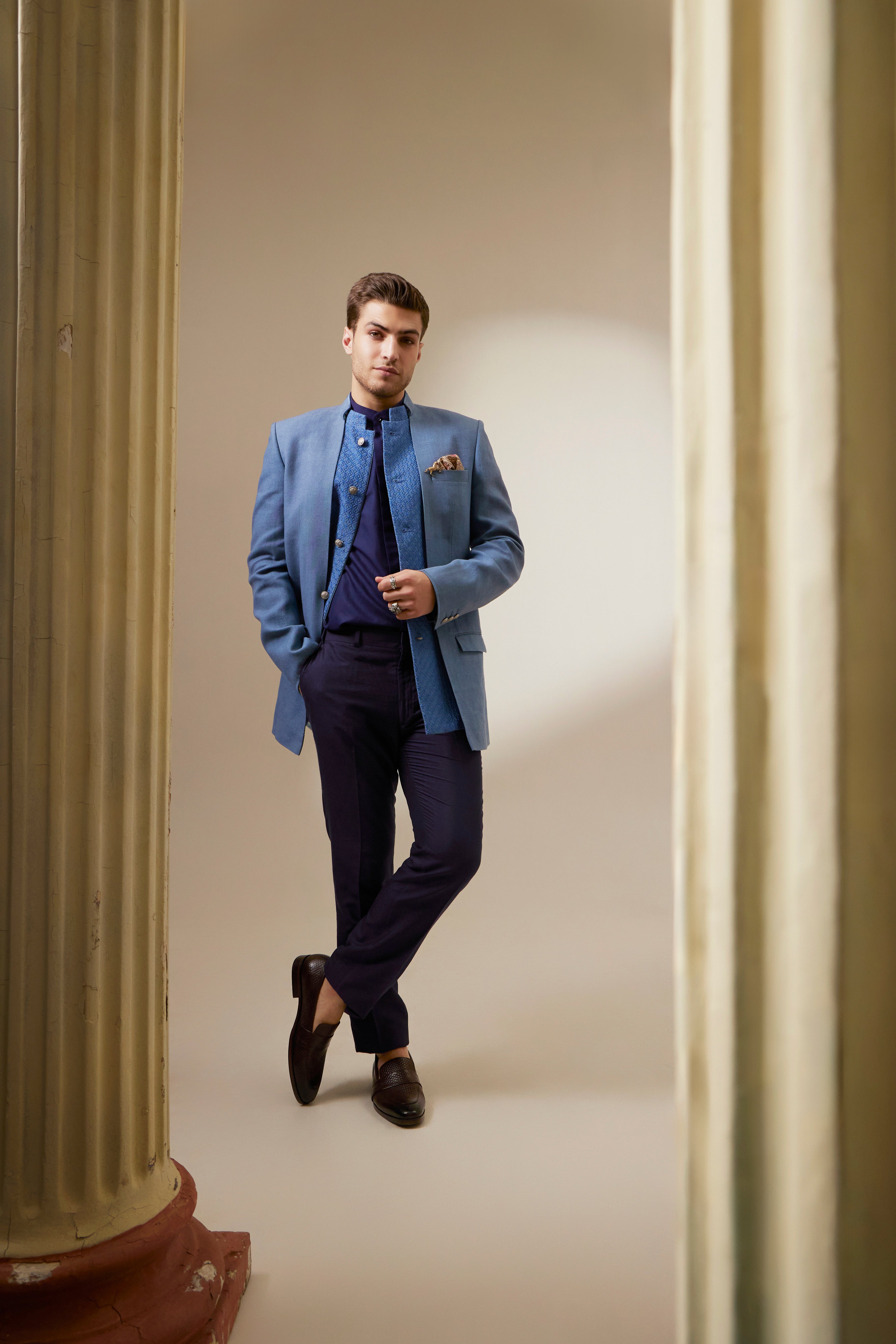 Ash blue orion embroidered panel bandhgala jacket