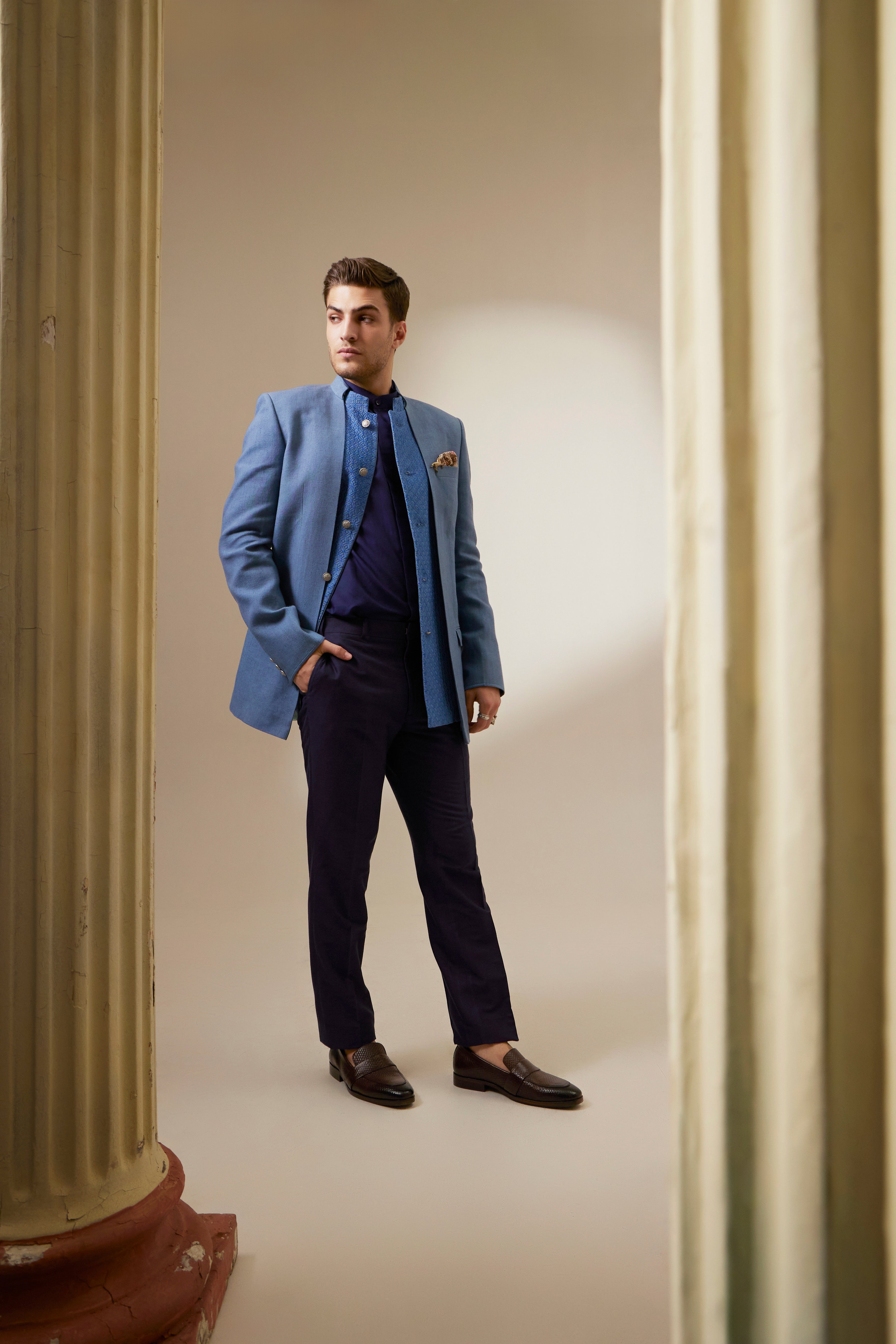 Ash blue orion embroidered panel bandhgala jacket