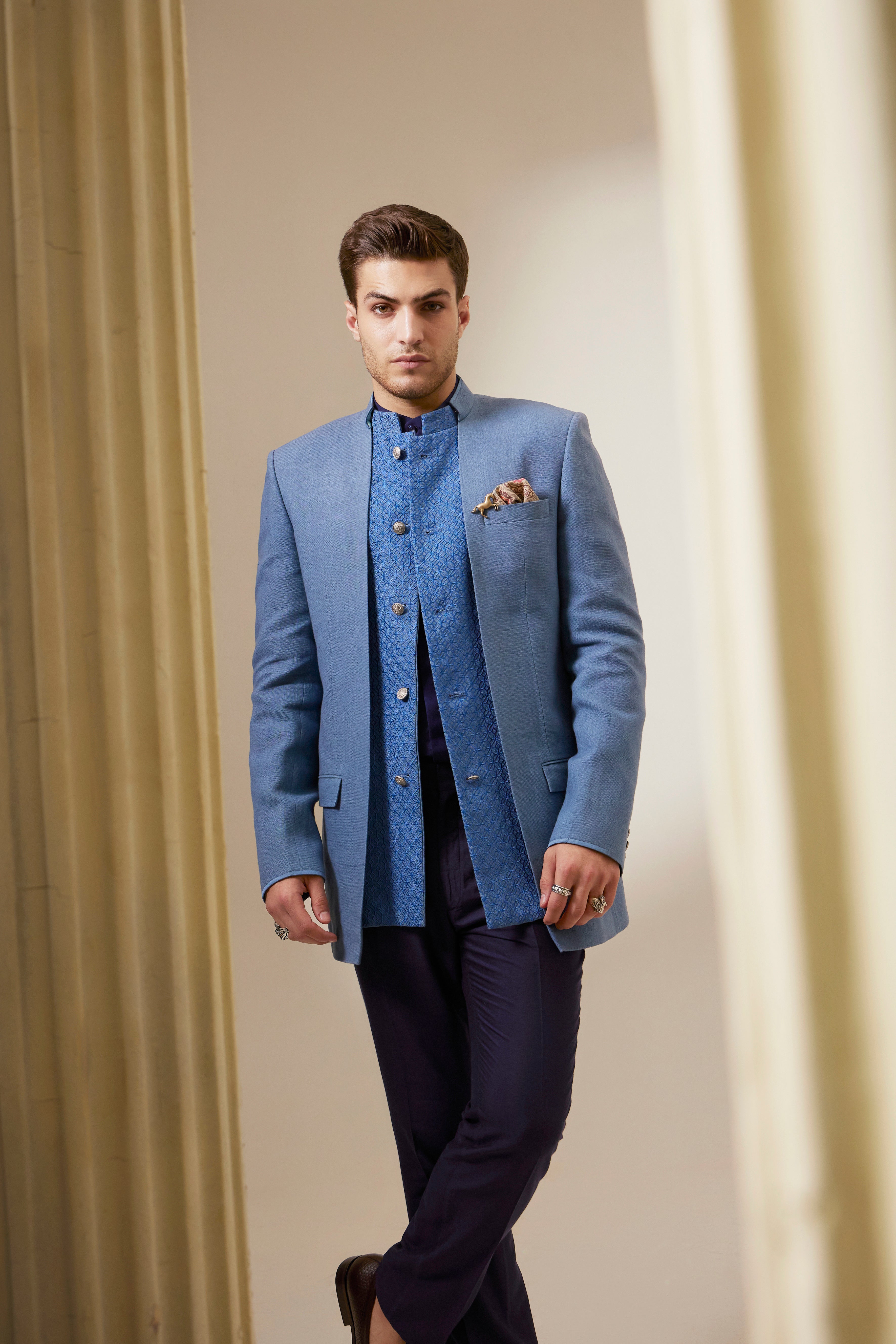 Ash blue orion embroidered panel bandhgala jacket
