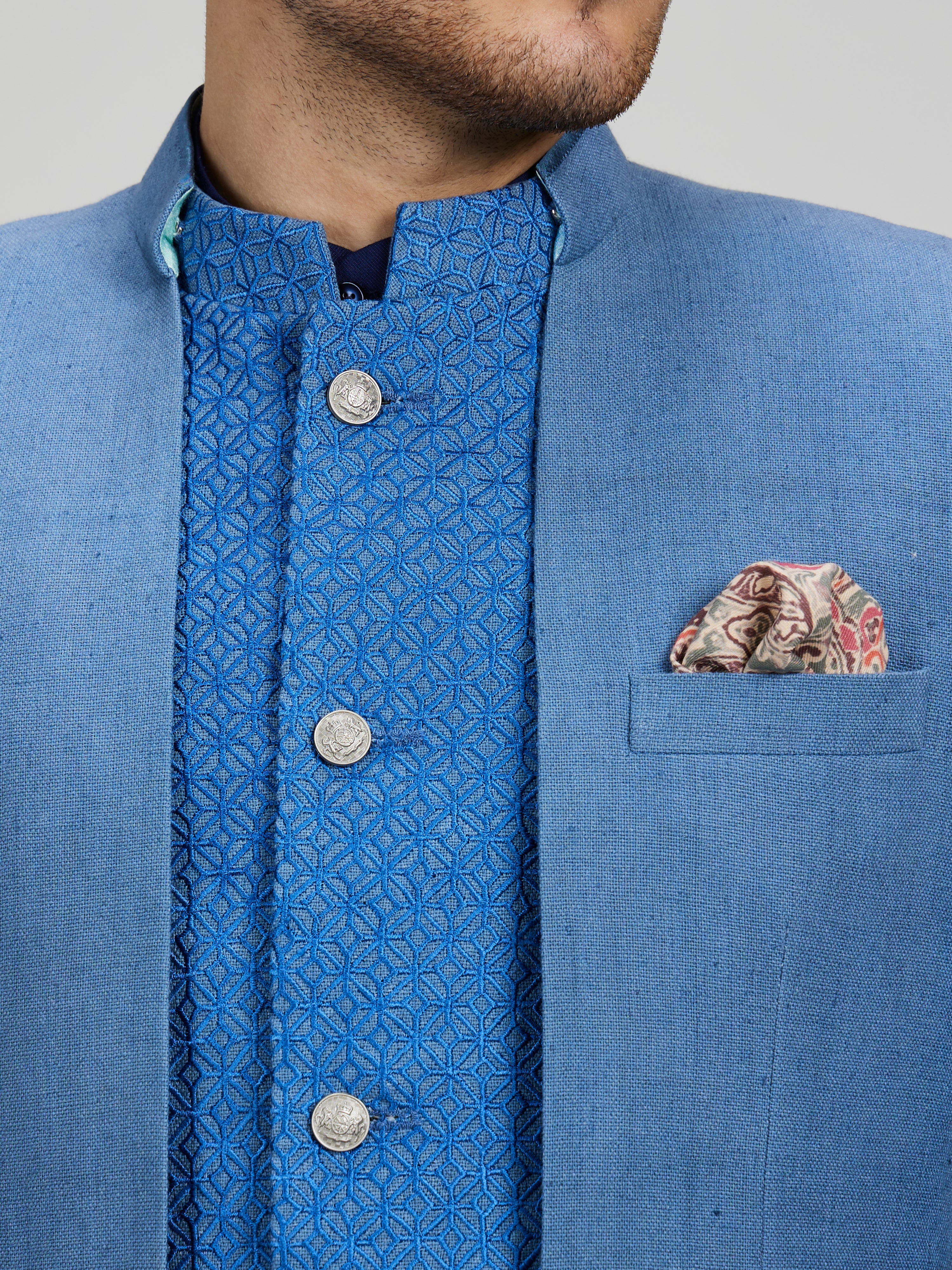 Ash blue orion embroidered panel bandhgala jacket
