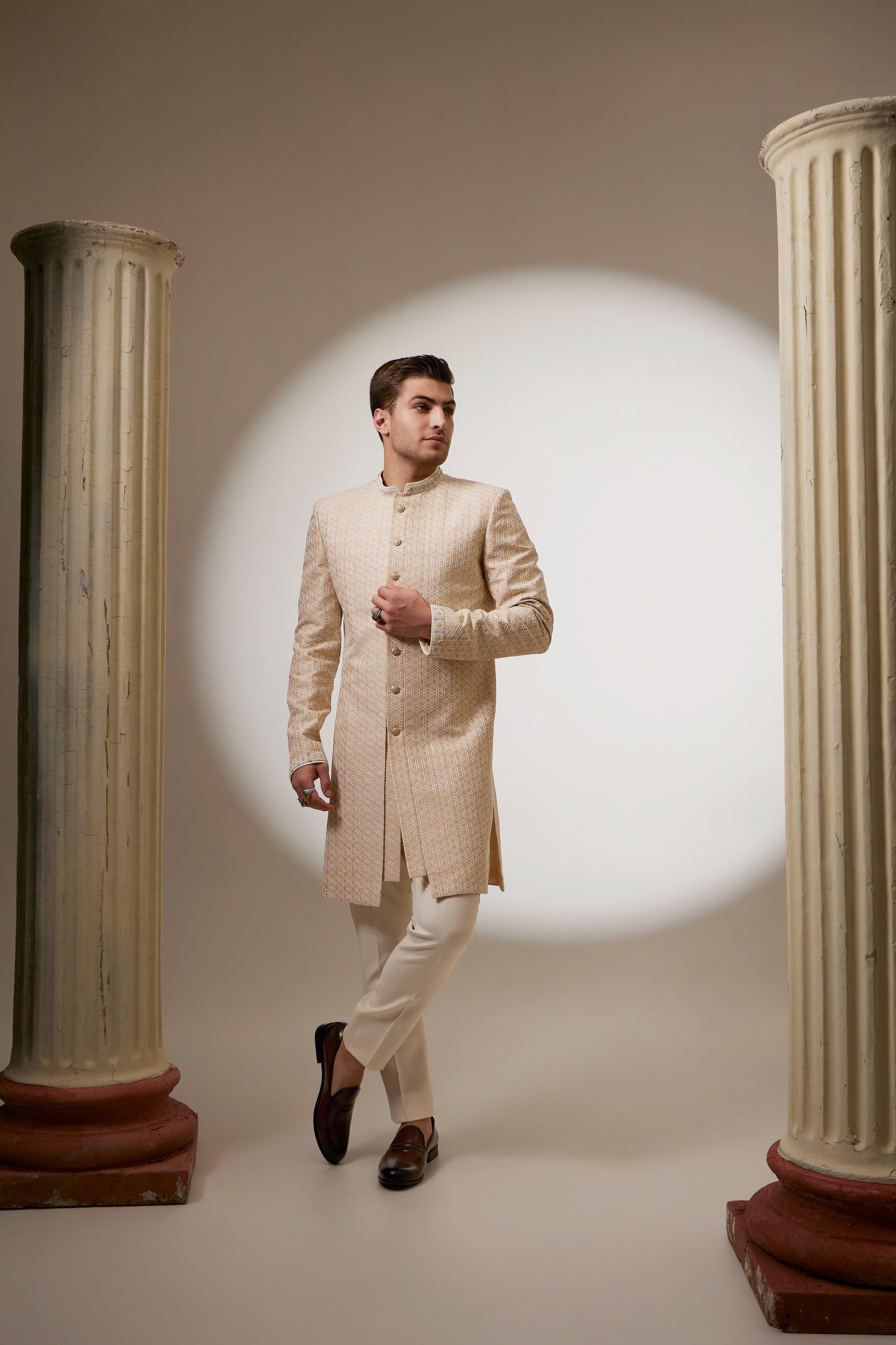 Taupe and cream stellar embroidered layered sherwani jacket