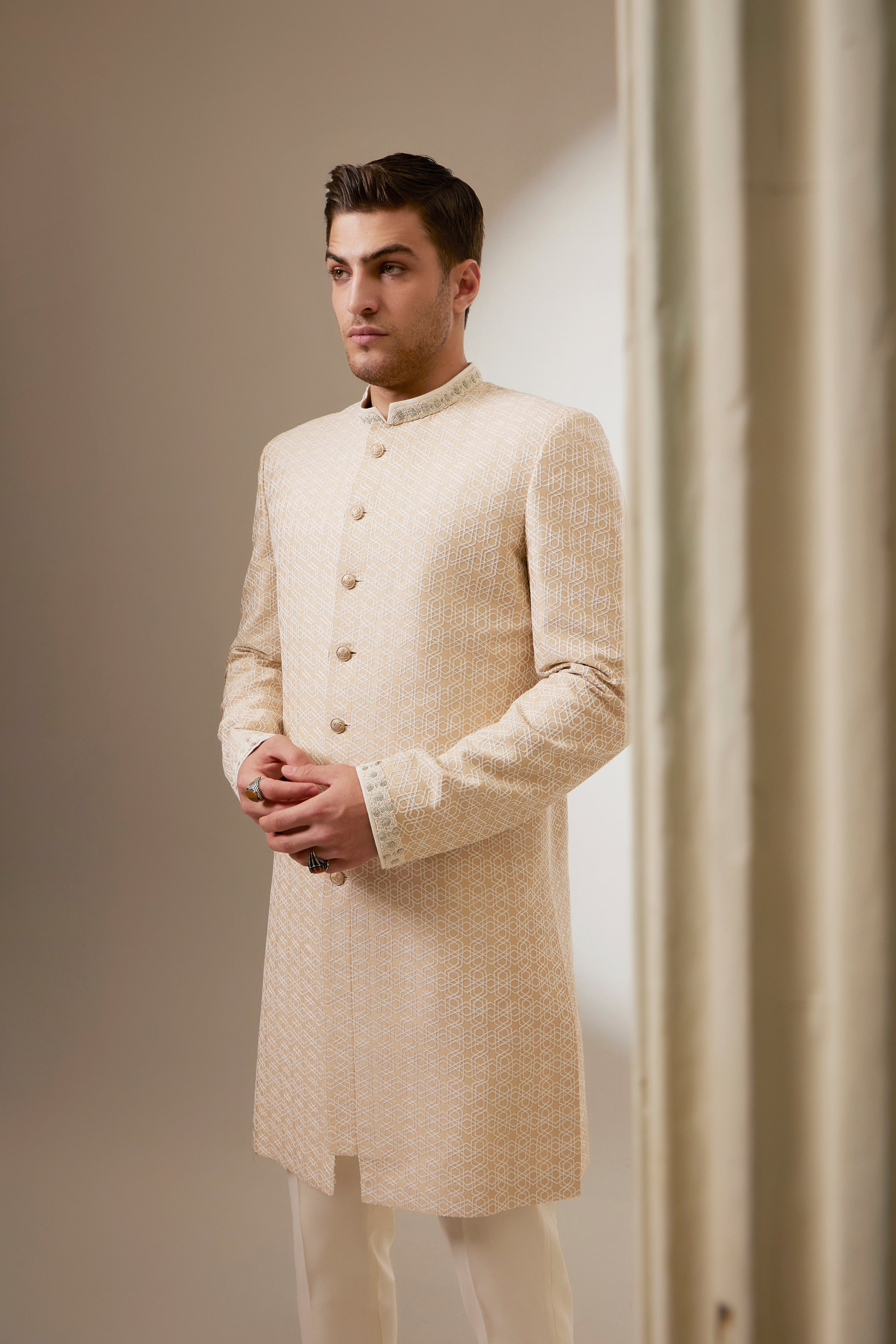 Taupe and cream stellar embroidered layered sherwani jacket