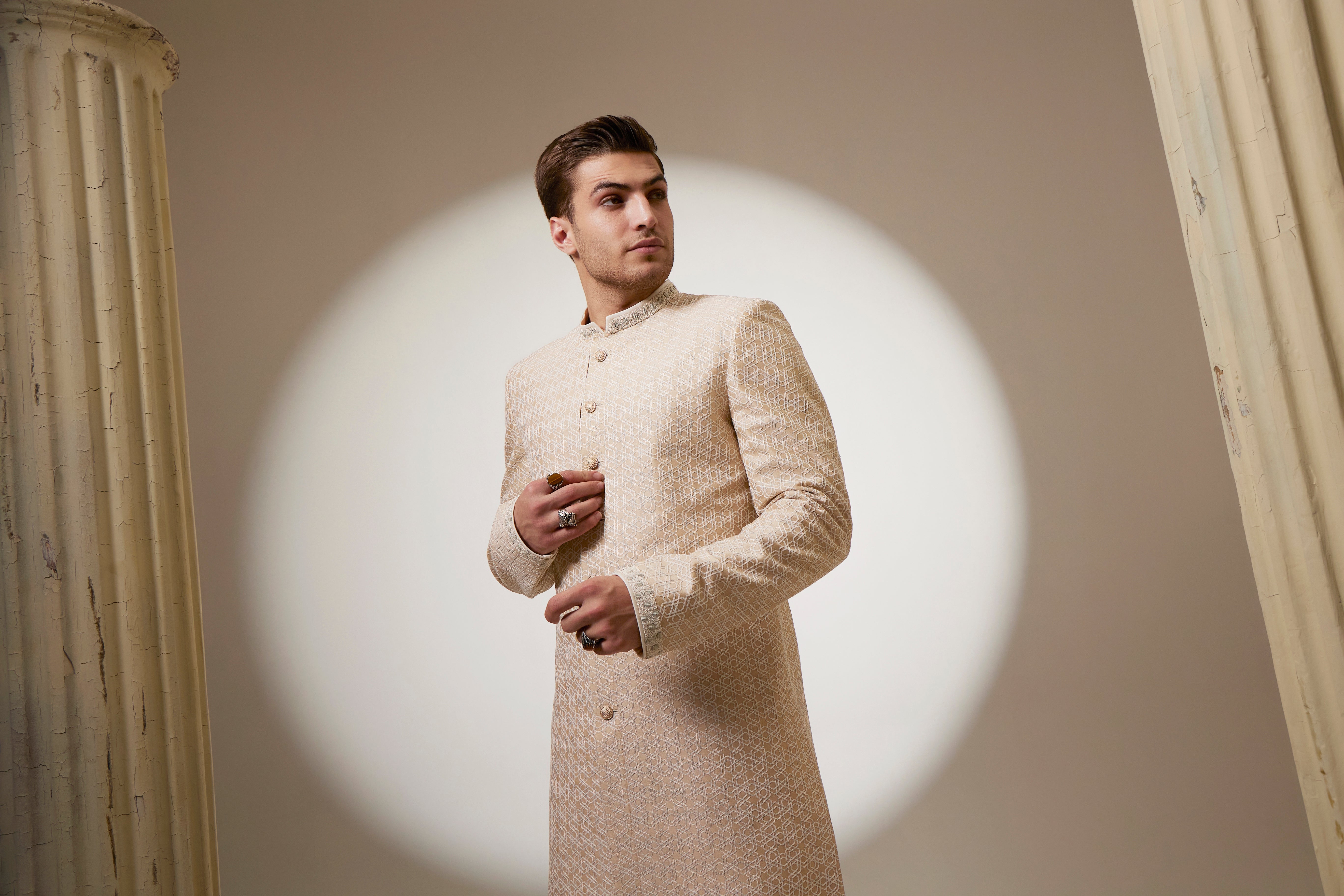 Taupe and cream stellar embroidered layered sherwani jacket