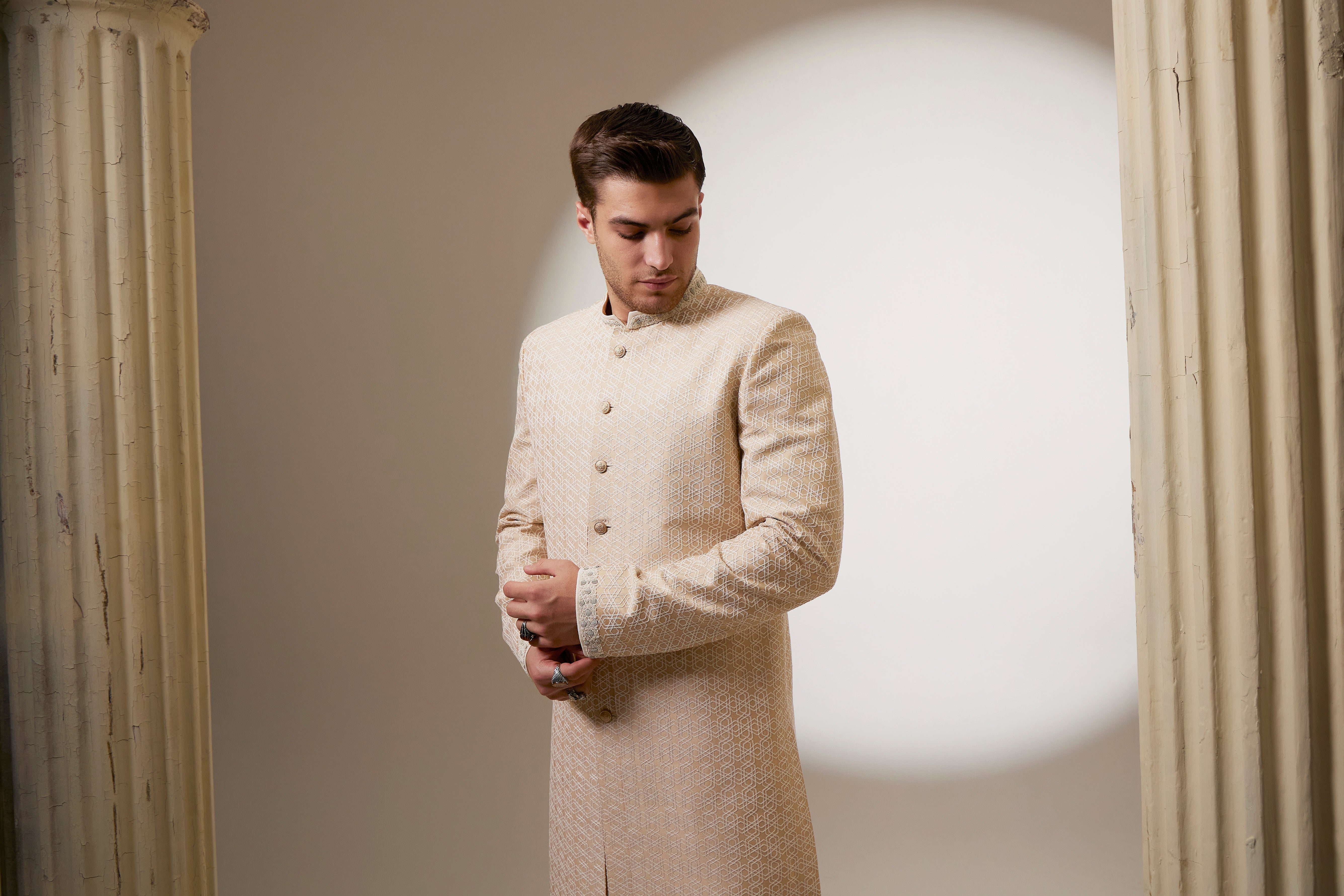 Taupe and cream stellar embroidered layered sherwani jacket