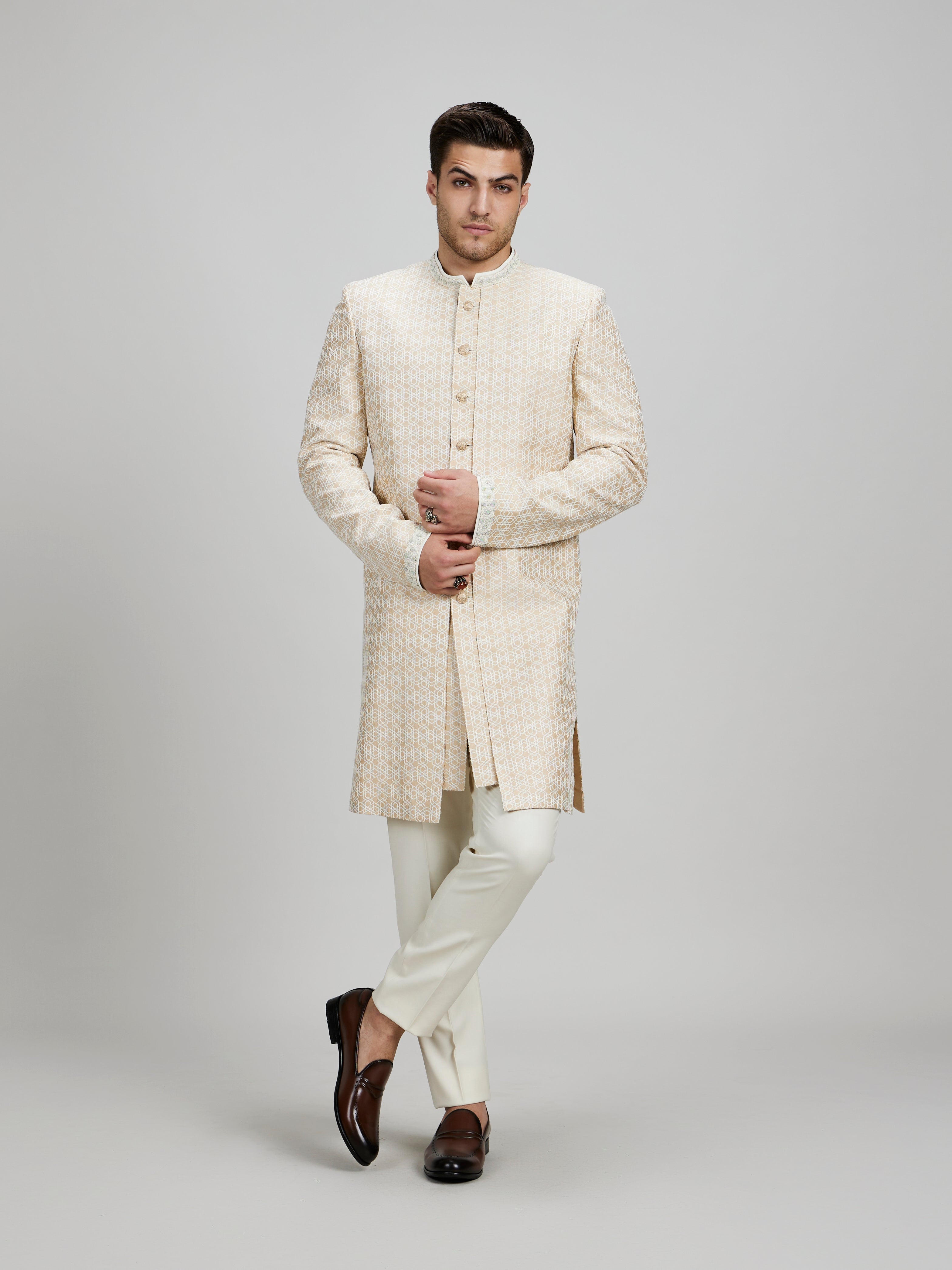 Taupe and cream stellar embroidered layered sherwani jacket