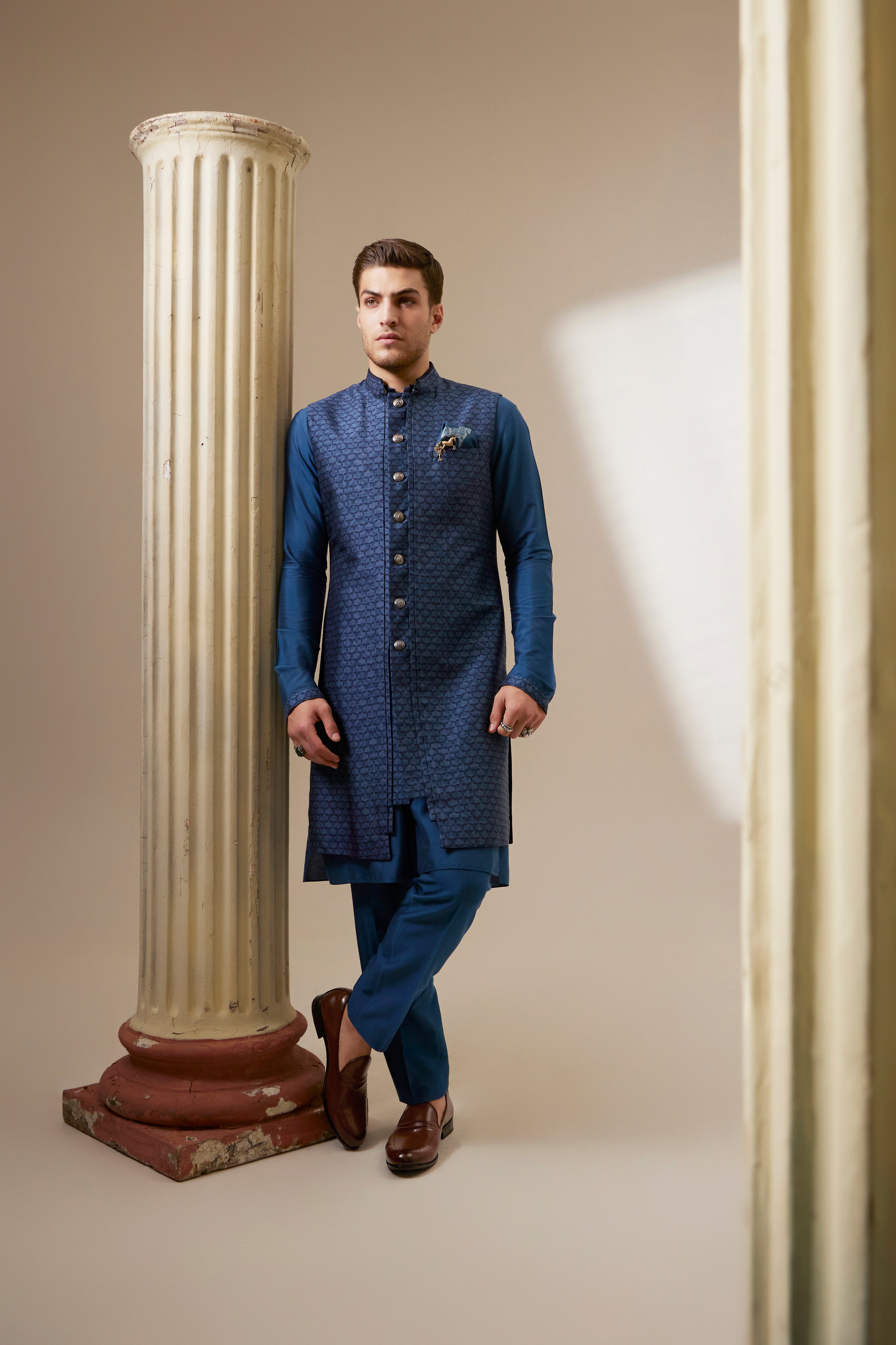Teal falcon layered sleeveless sherwani jacket