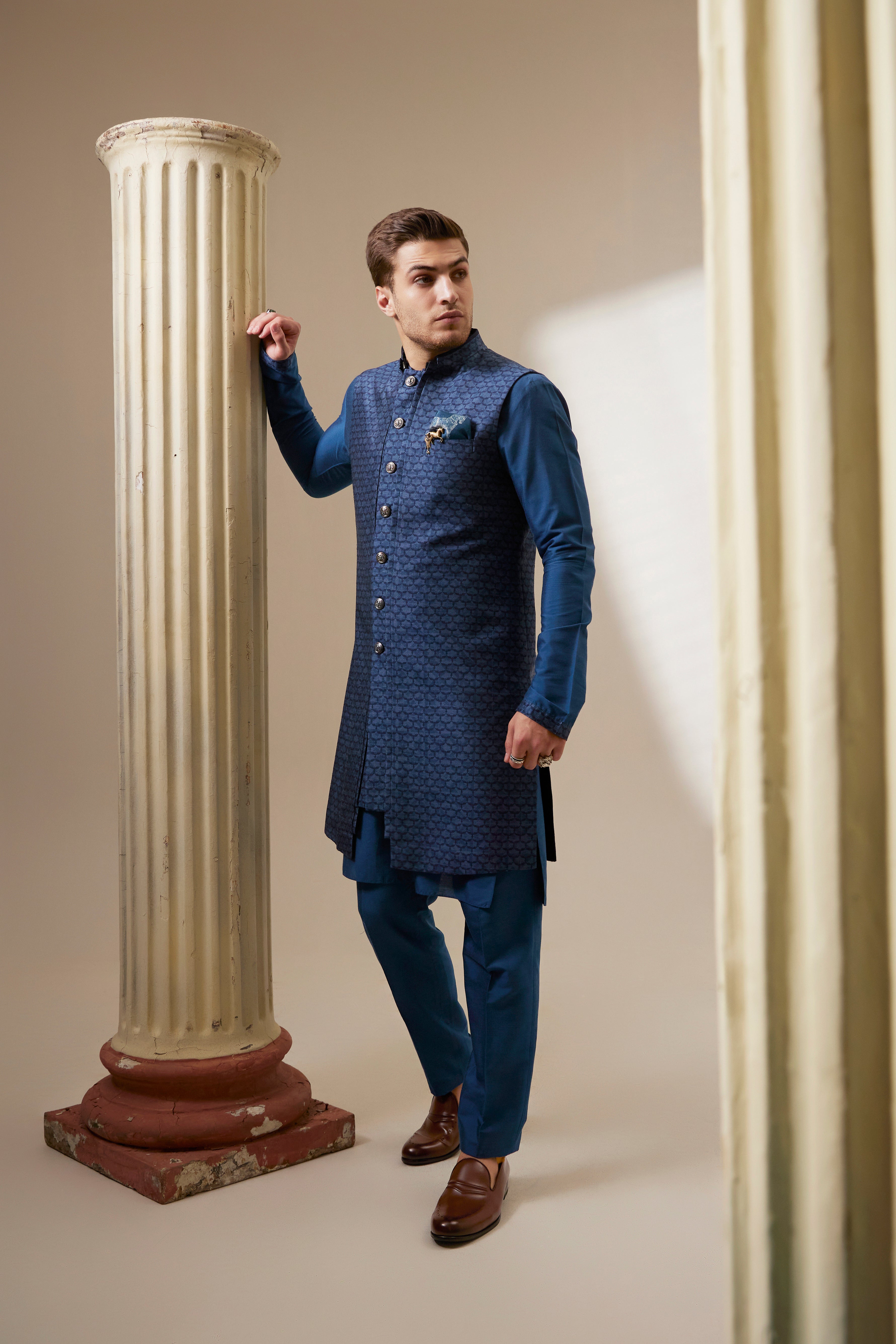 Teal falcon layered sleeveless sherwani jacket