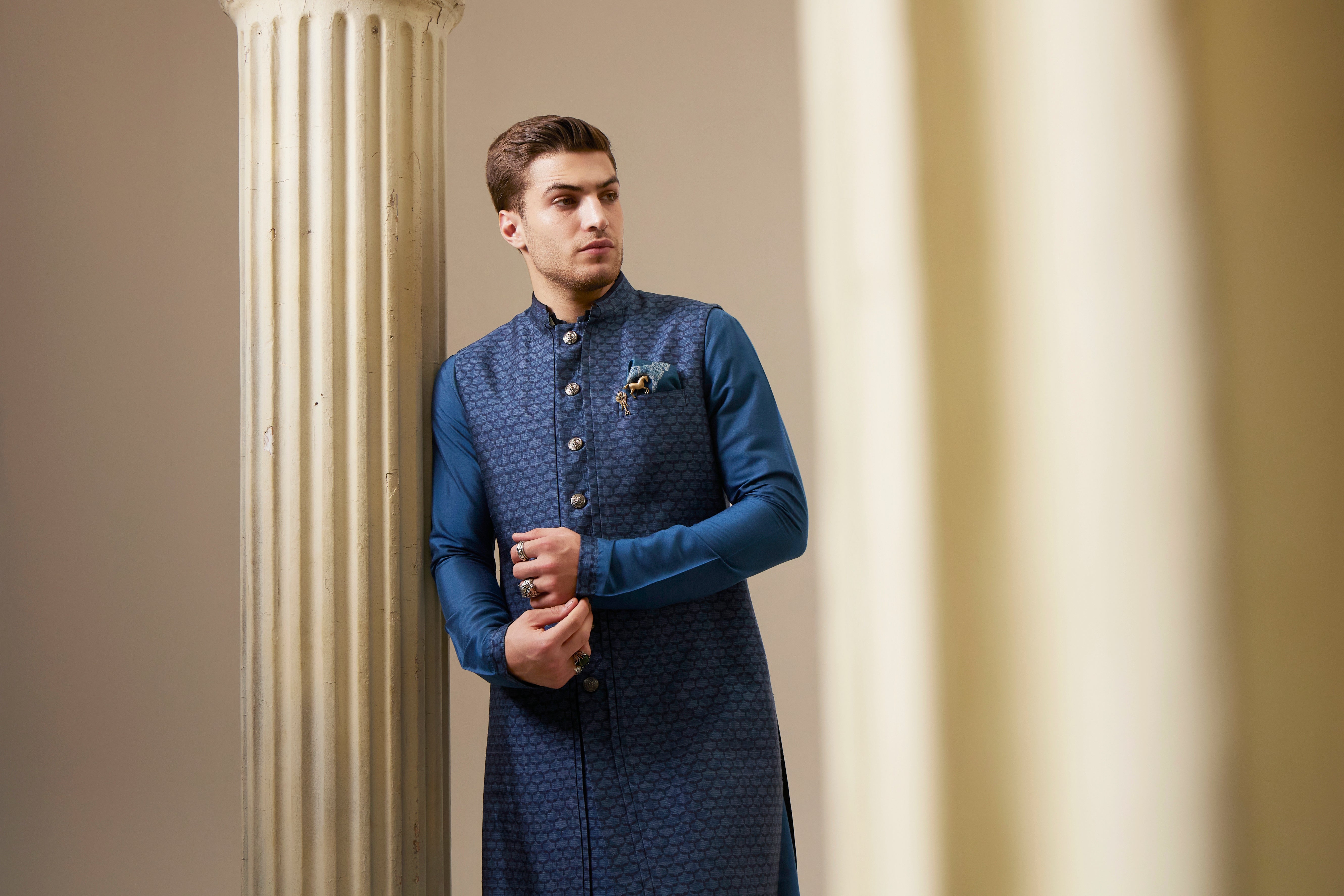 Teal falcon layered sleeveless sherwani jacket