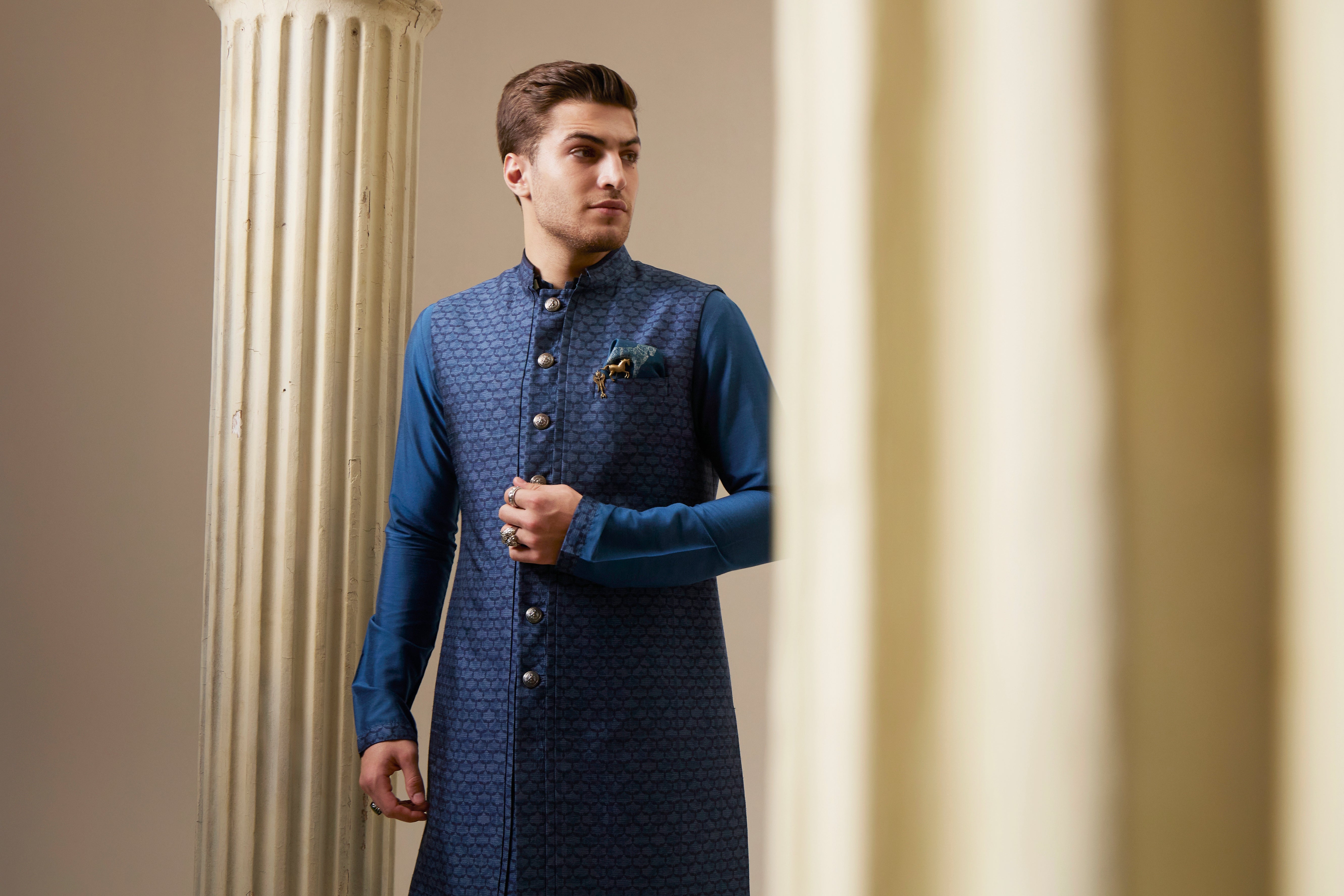 Teal falcon layered sleeveless sherwani jacket