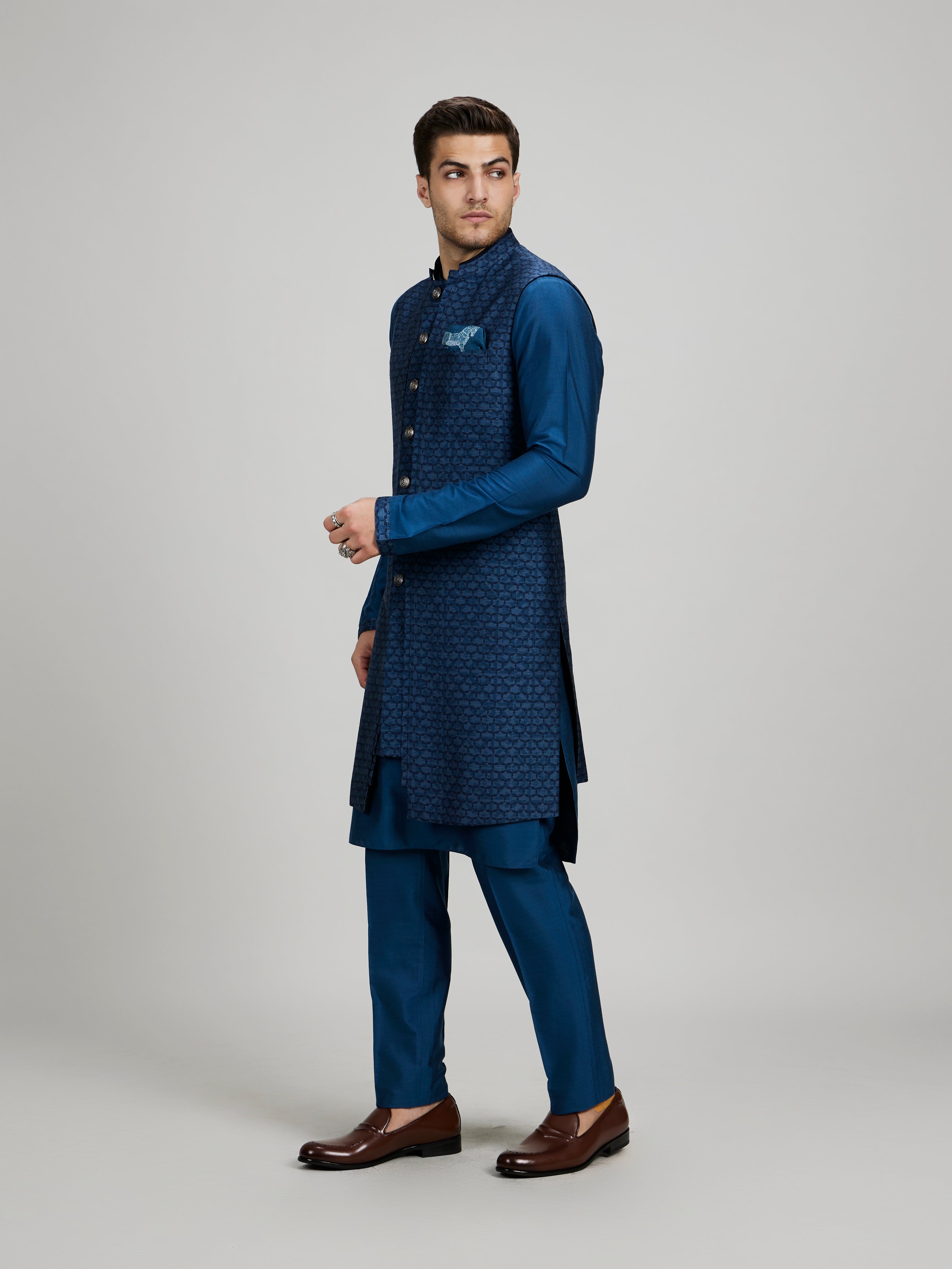 Teal falcon layered sleeveless sherwani jacket
