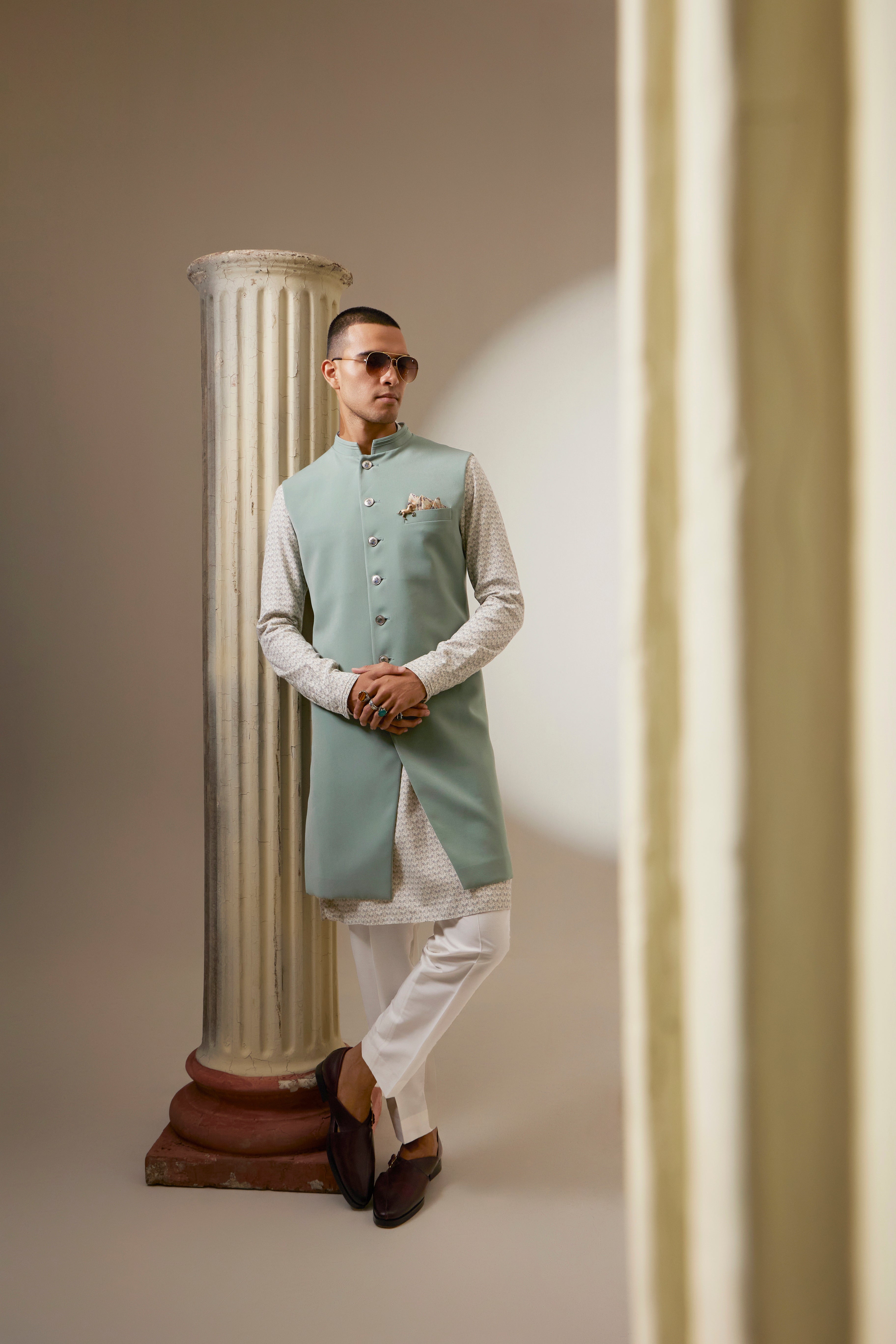 Sage crepe wool sleeveless sherwani jacket