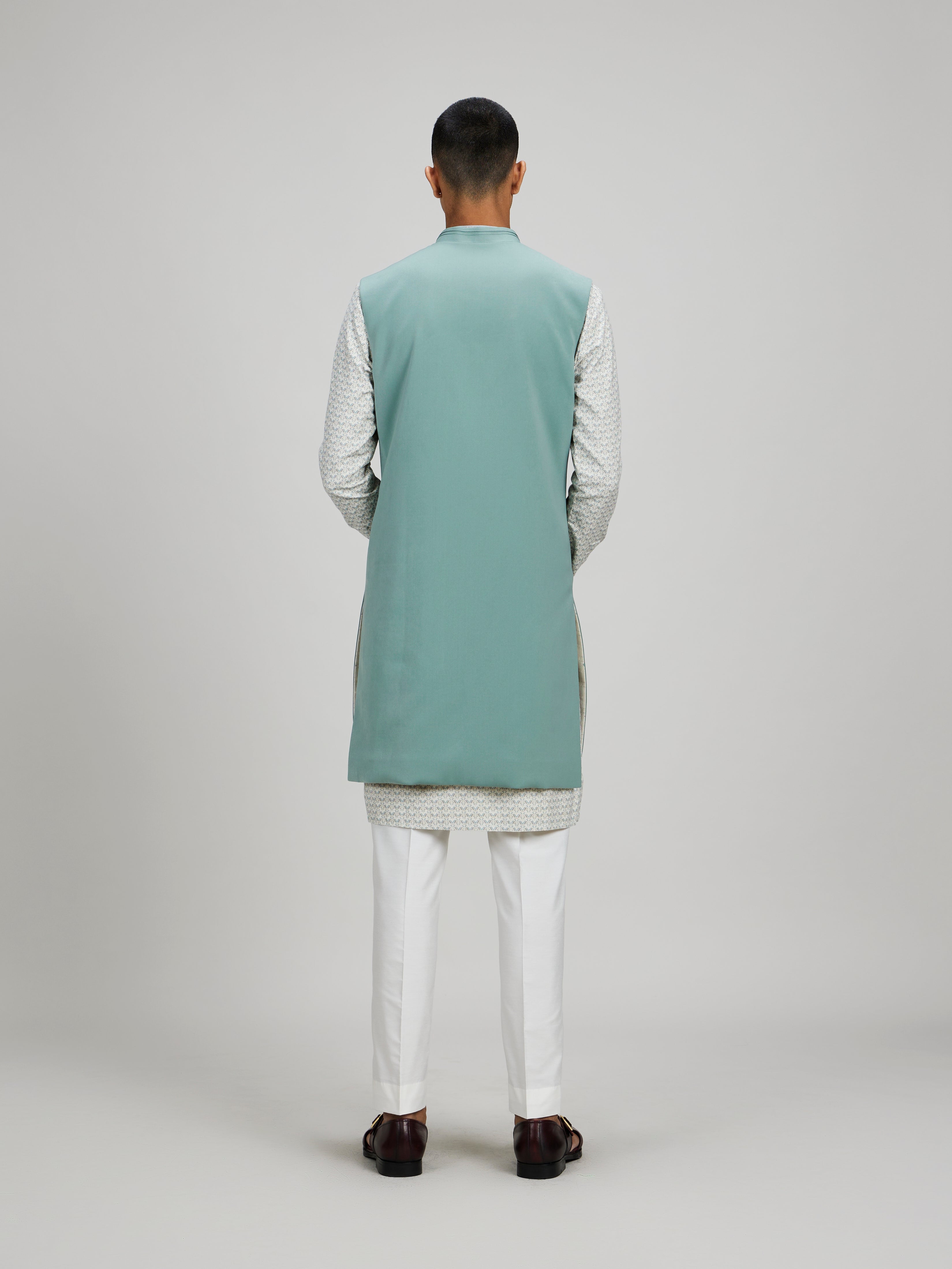 Sage crepe wool sleeveless sherwani jacket