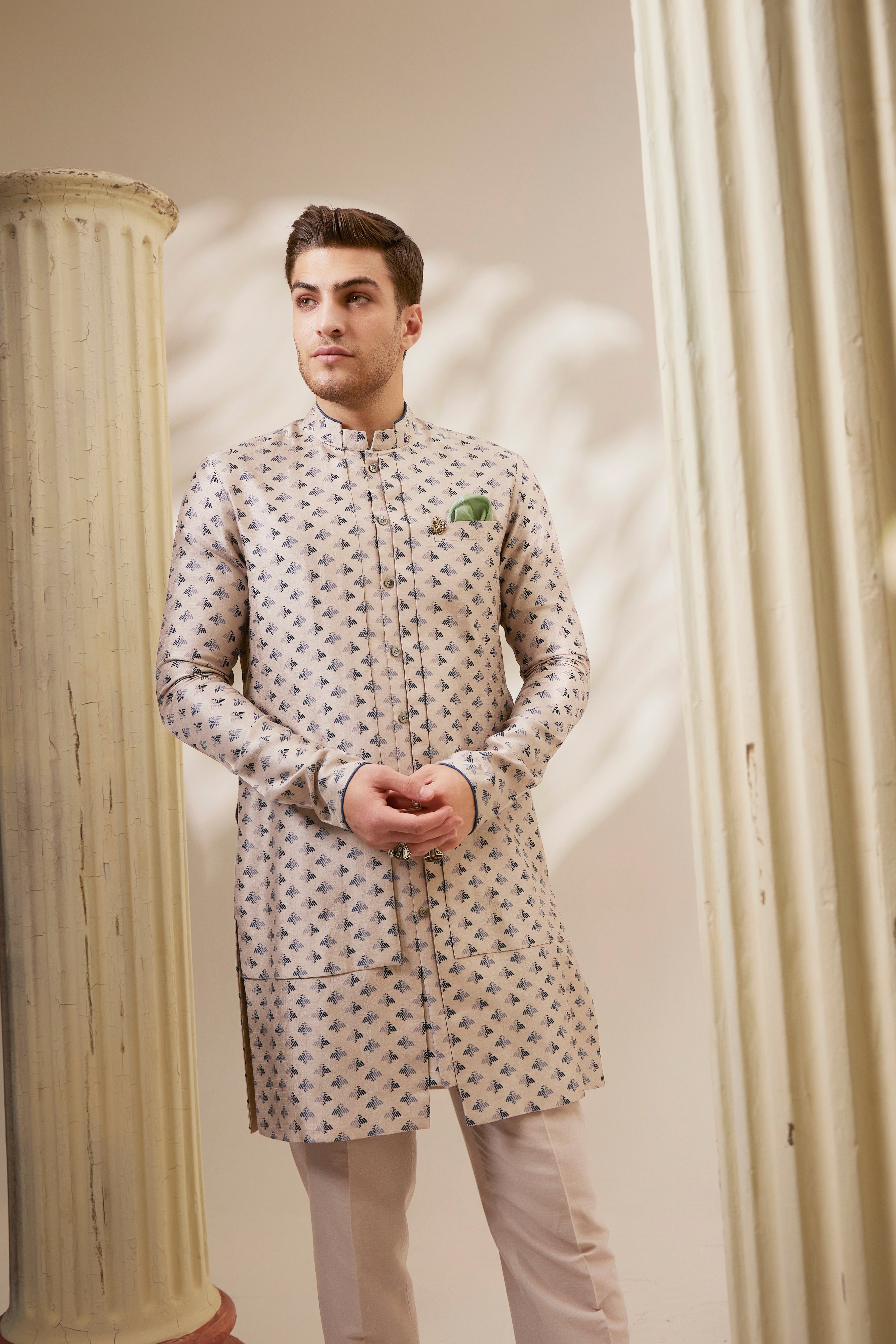 Taupe liberty printed layered kurta set