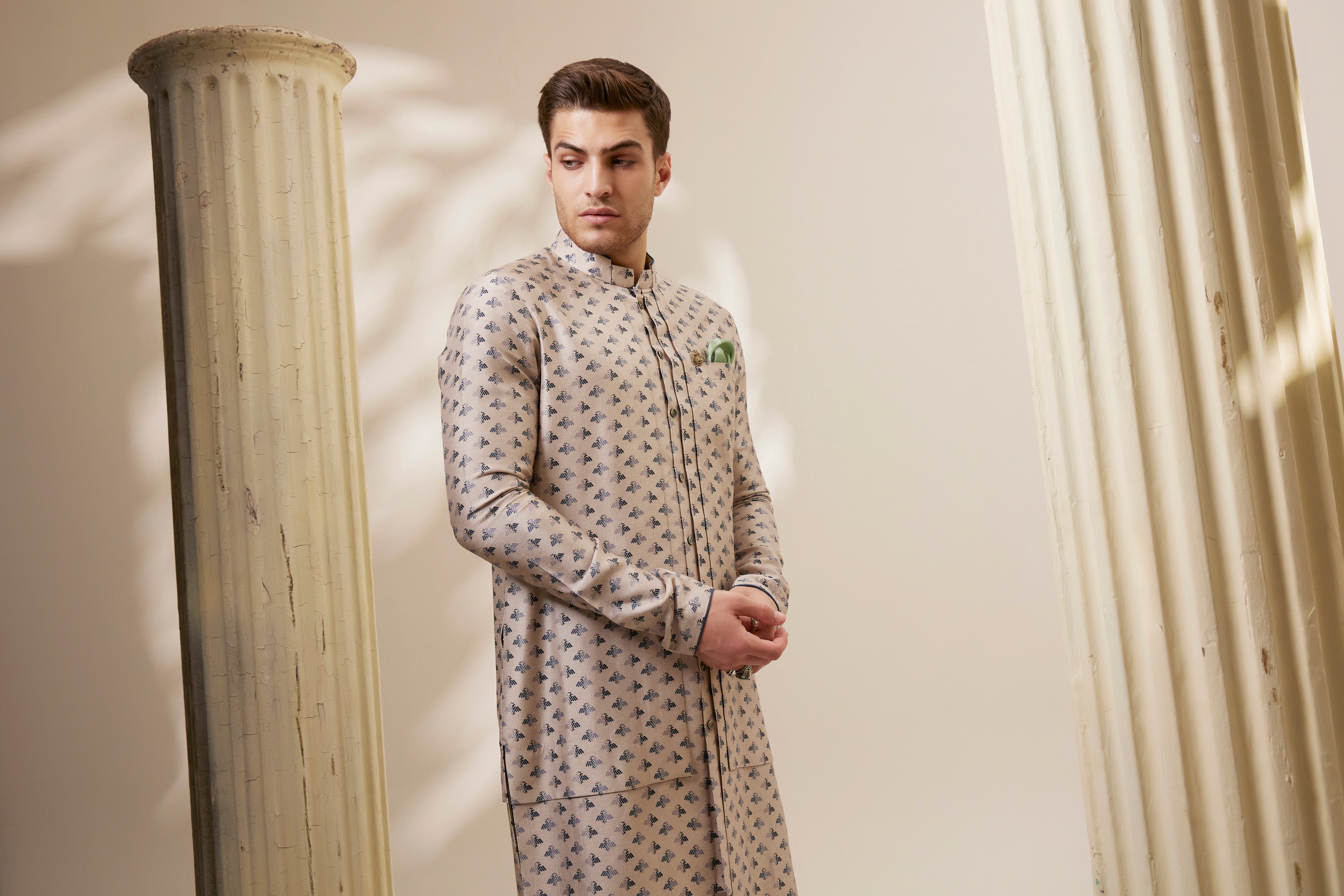 Taupe liberty printed layered kurta set