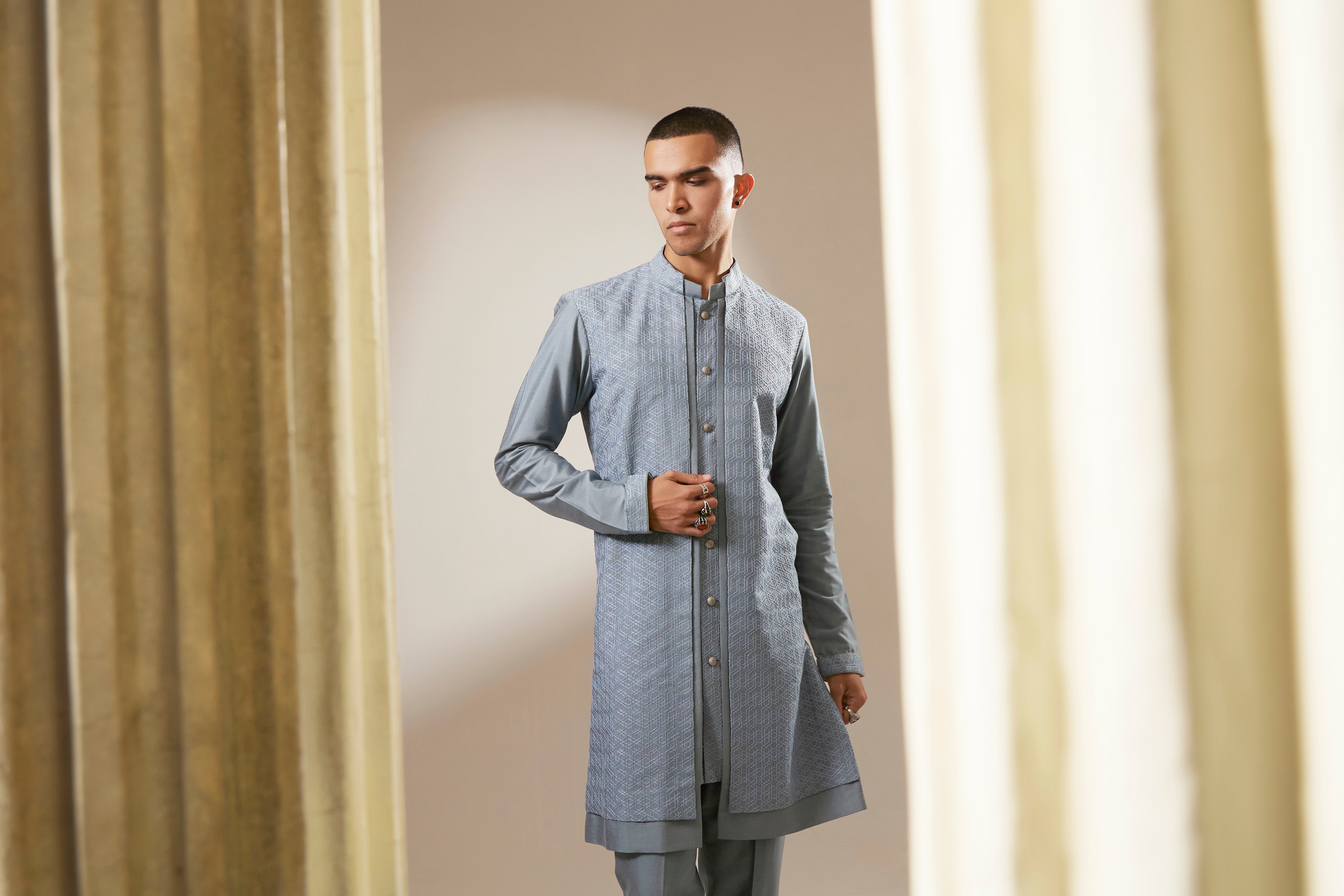 Teal orion embroidered layered kurta set