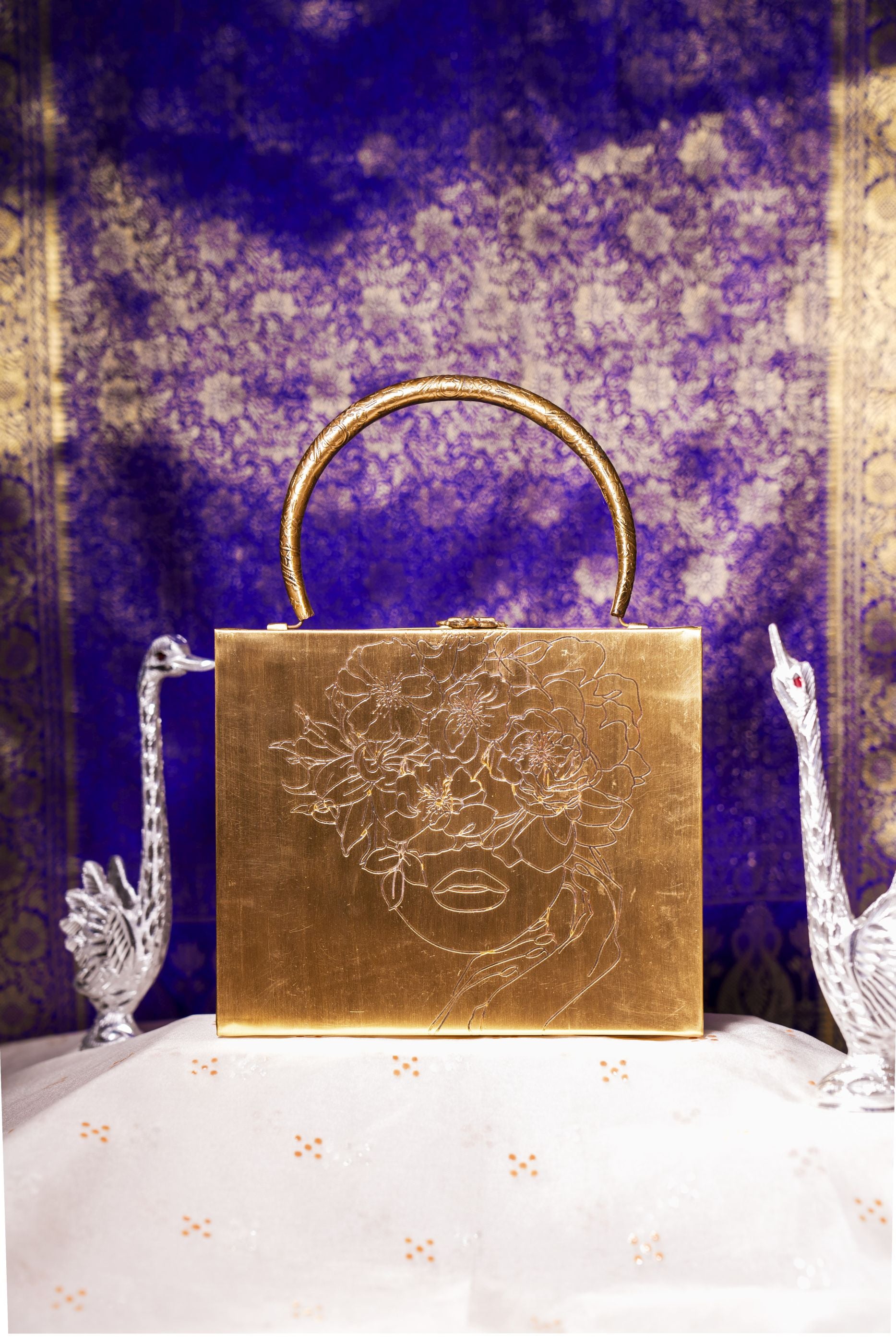 CHIC SQUARE BRASS BAG WITH FLORAL LADY
