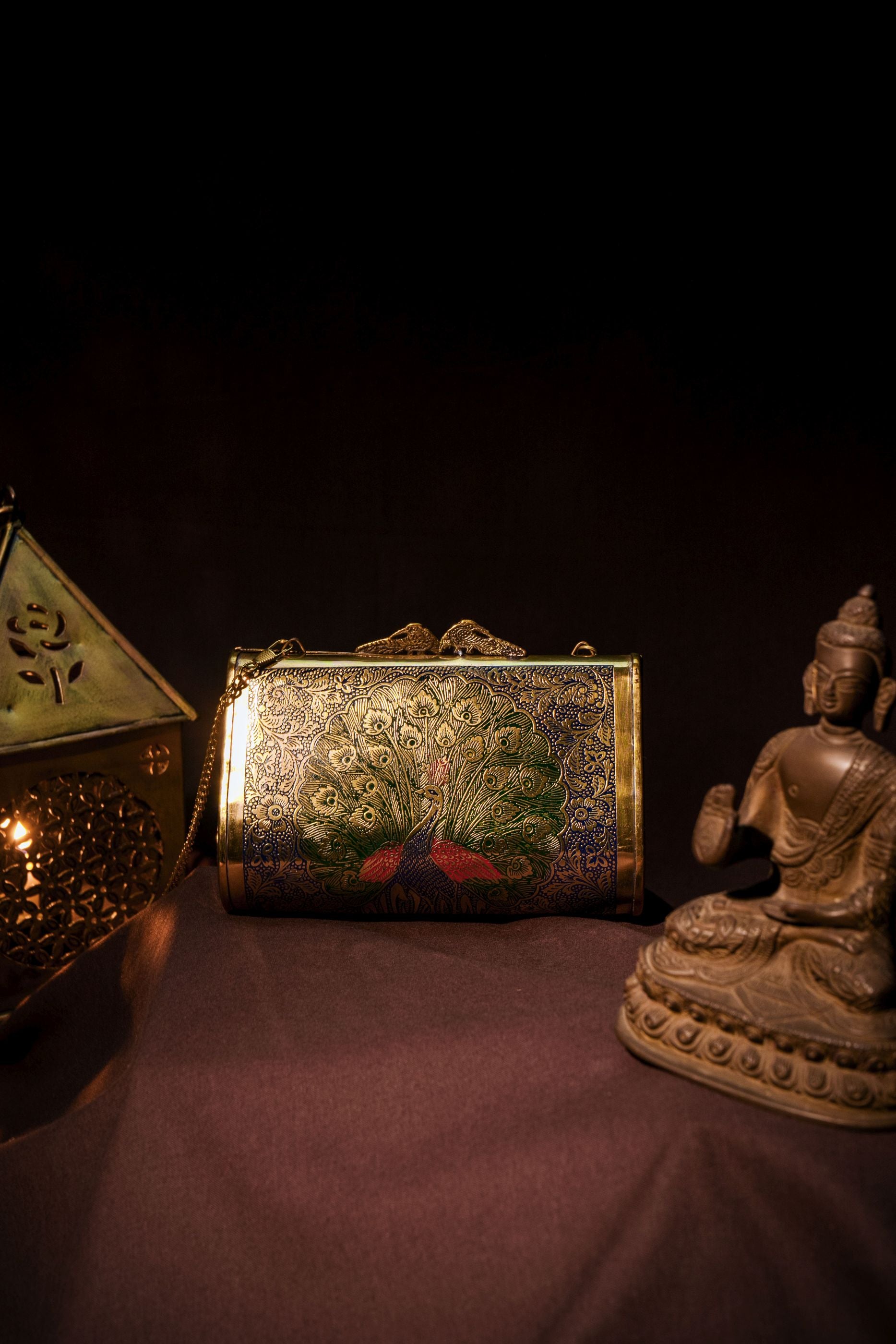 ETHNIC PEACOCK ENGRAVED BRASS CLUTCH
