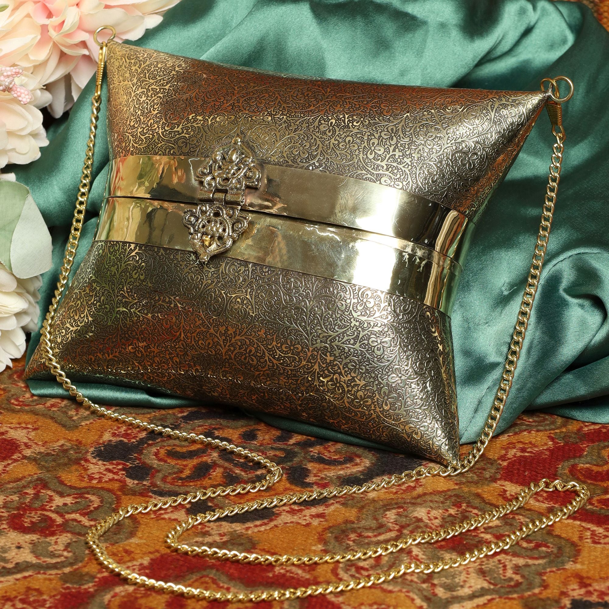 ETHNIC BRASS BAG WITH INTRICATE PATTERN IN GOLD FINISH