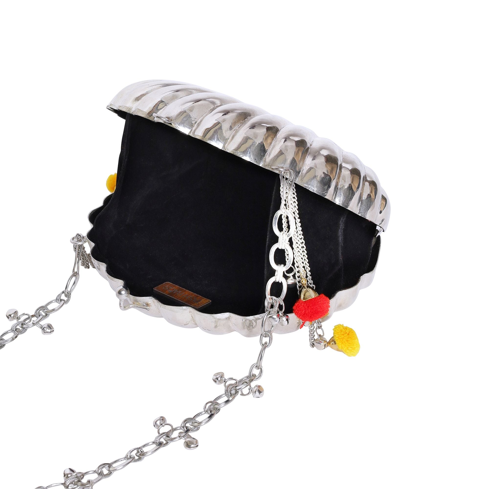 ETHNIC GHUNGROO BRASS BAG IN SILVER FINISH