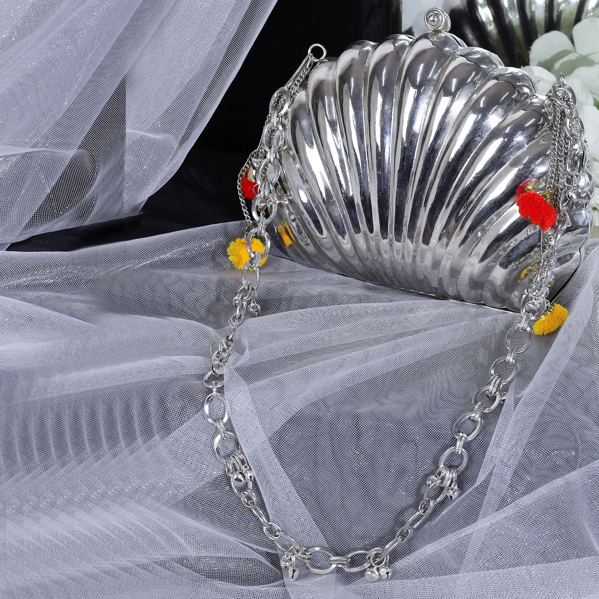 ETHNIC GHUNGROO BRASS BAG IN SILVER FINISH