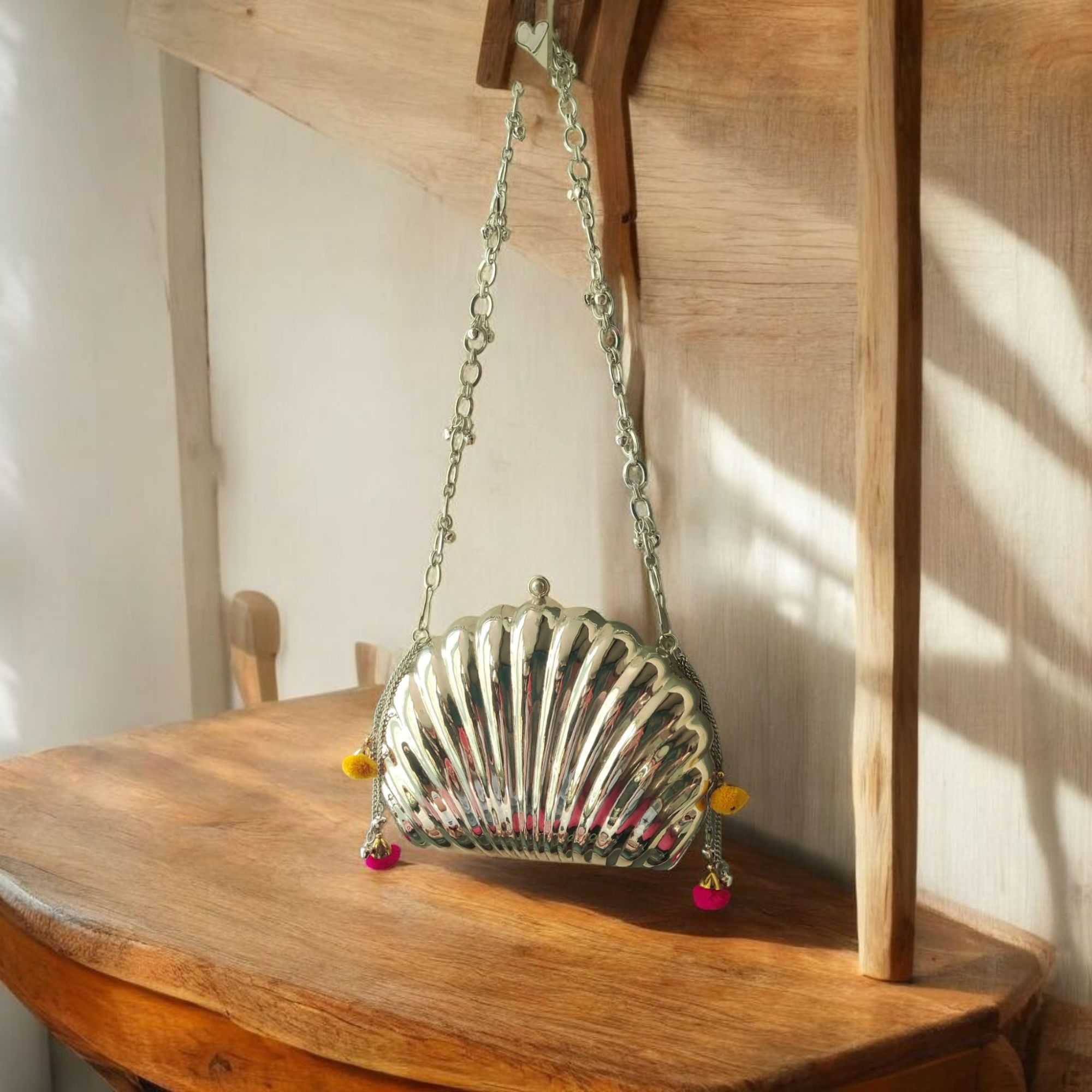 ETHNIC GHUNGROO BRASS BAG IN SILVER FINISH