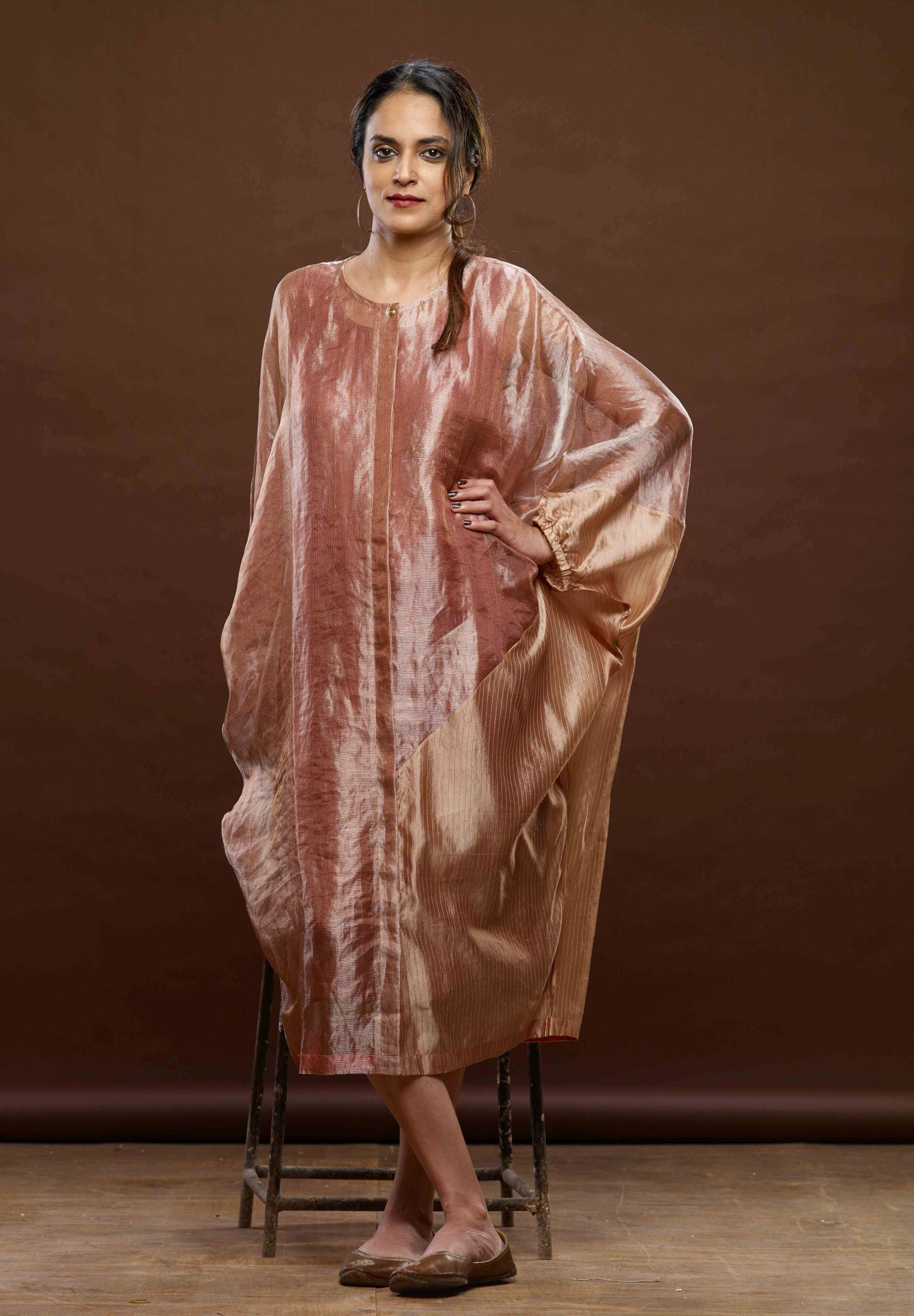 ROSE PINK ZARI AND TEXTURED SILK DRESS