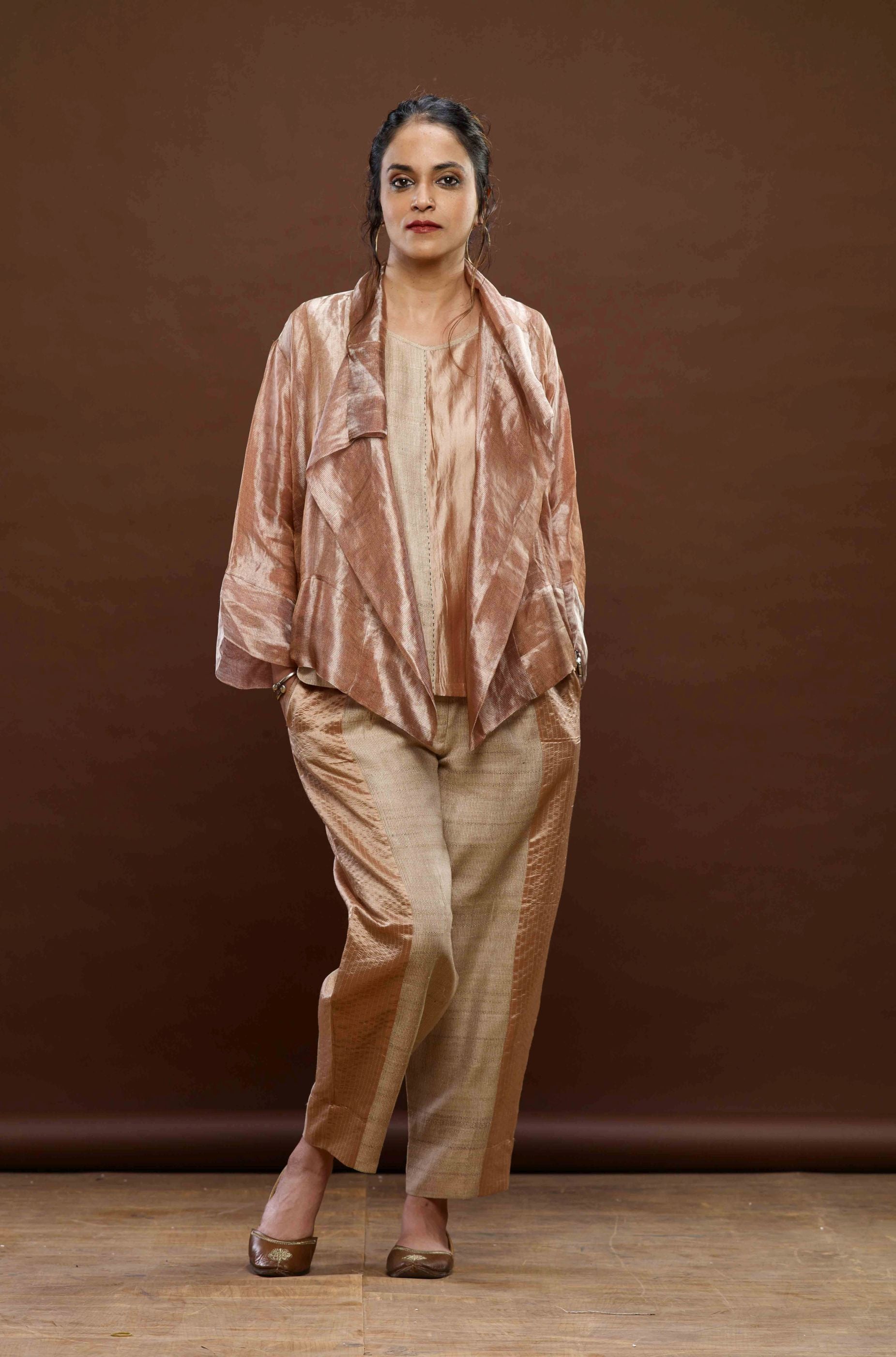 ROSE PINK ZARI AND TUSSAR KHADI JACKET SET 01