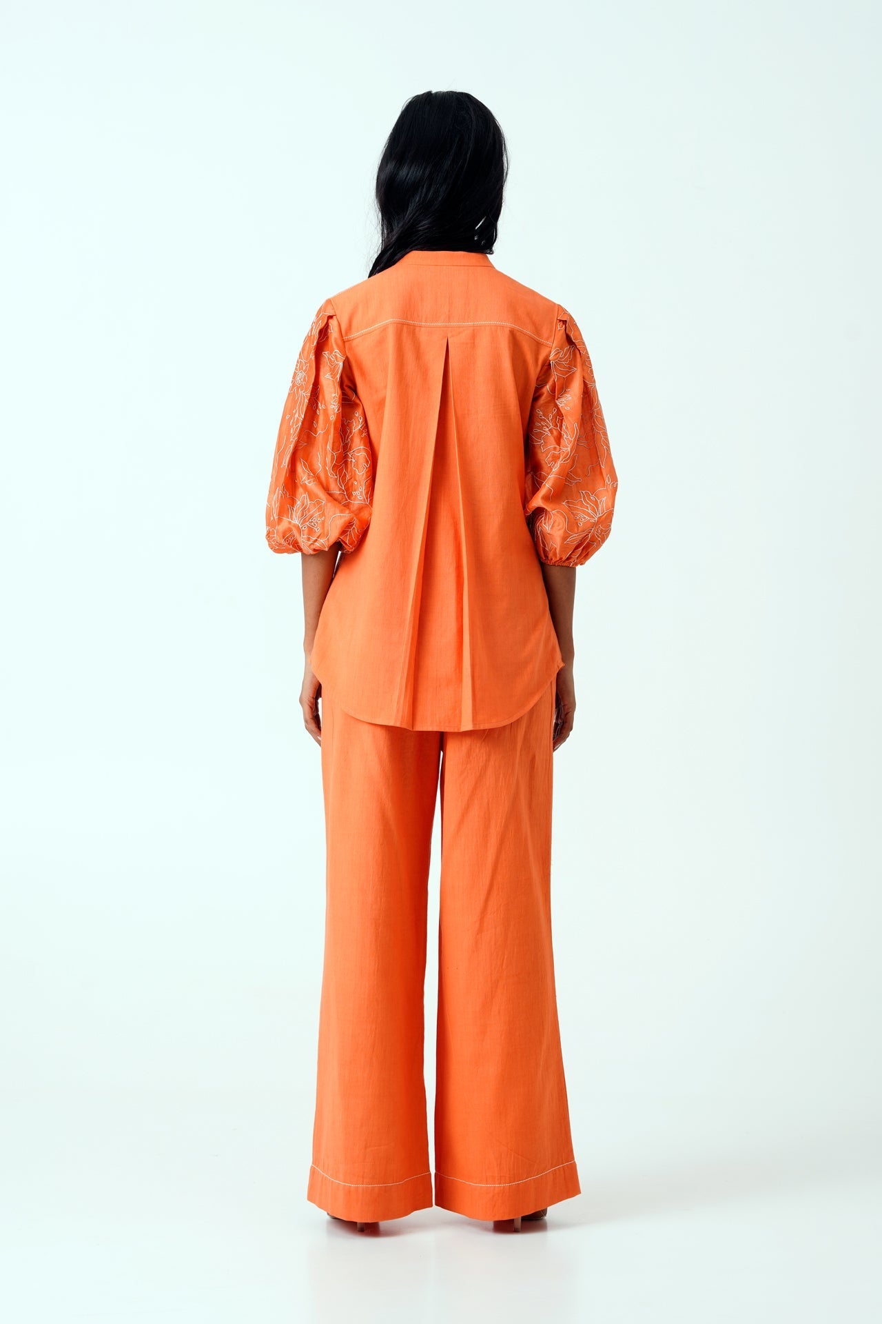 Sunset Orange Oba Set - Embroidered Sleeve Top + Pants