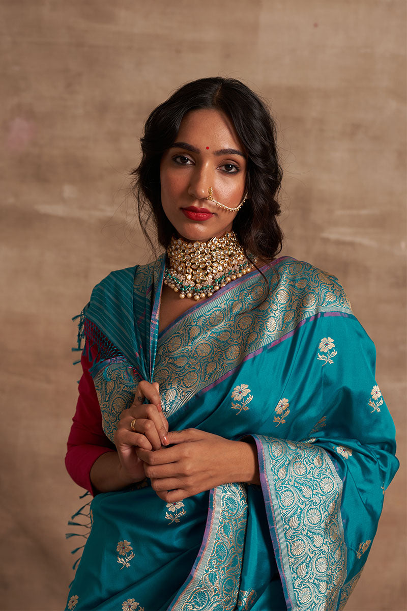 'Phool Chatai' Firozi Ektara Benarasi Handloom Sari