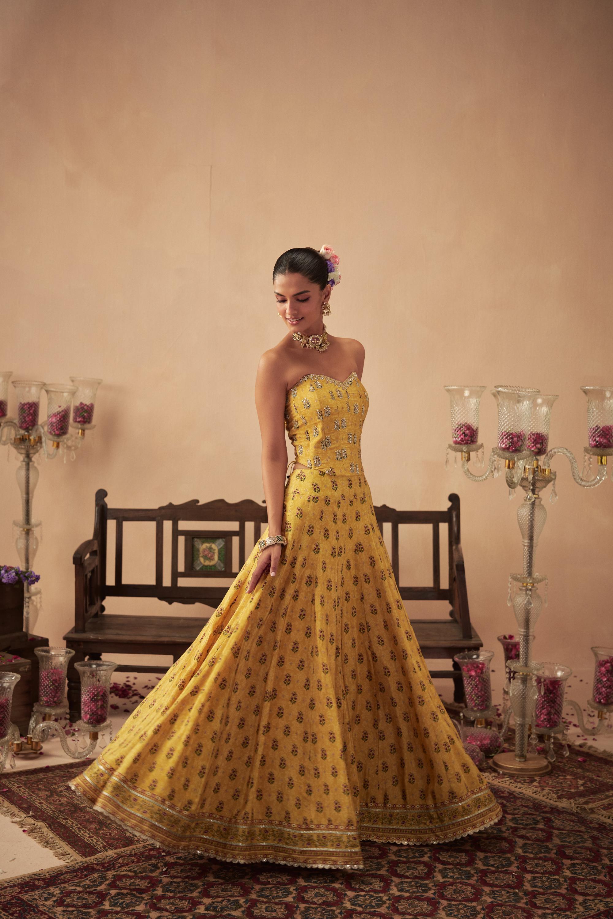 Yellow Booti Lehenga and Corset