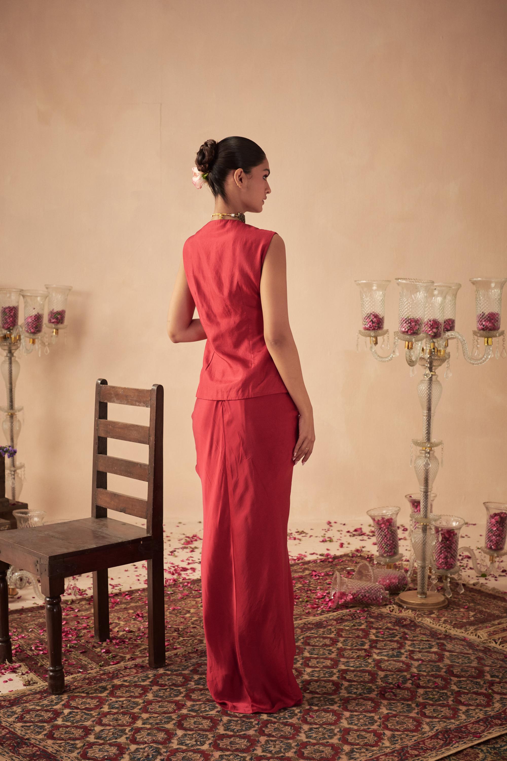 Red Jacket with Draped Skirt