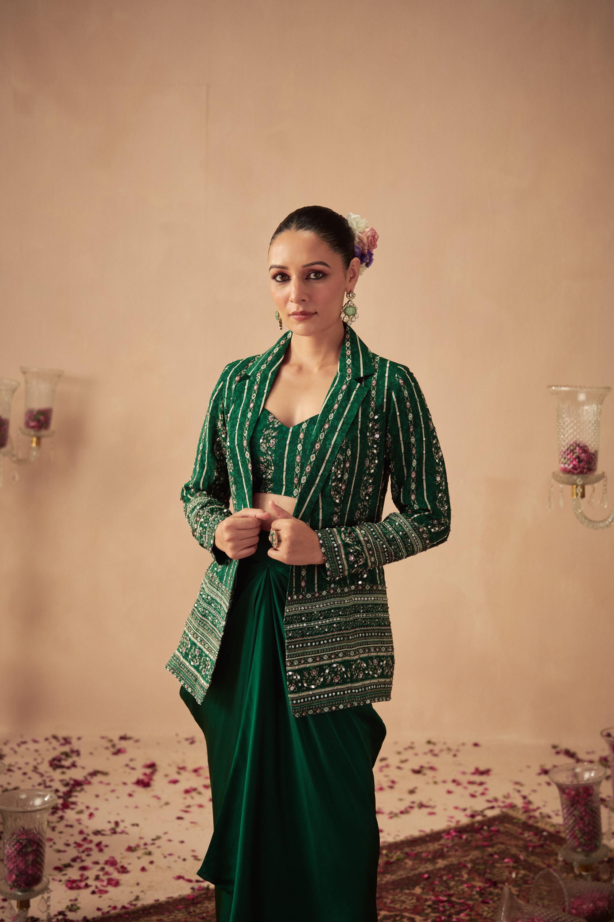Green Vine Jacket with Draped Skirt and Bustier