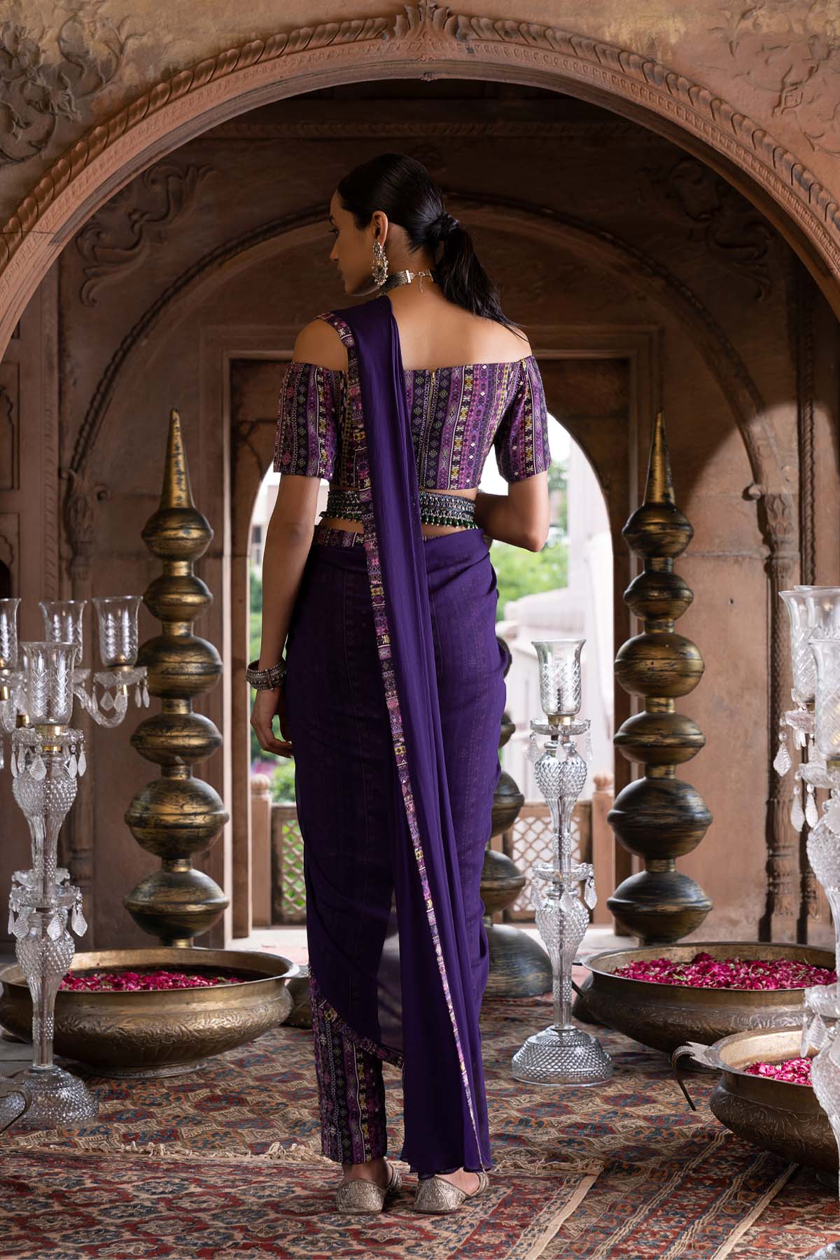 PURPLE OFF SHOULDER PANT SAREE