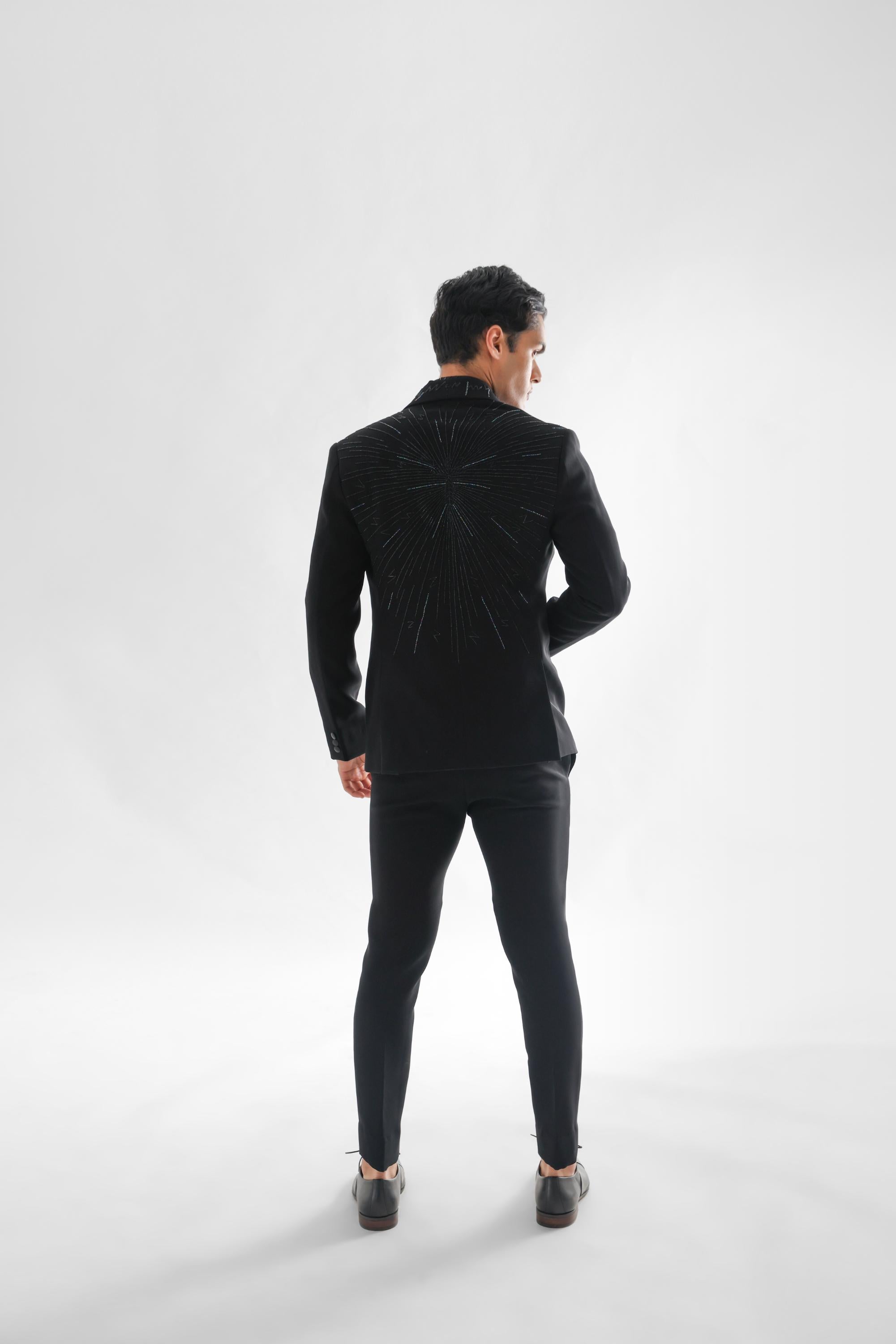 Jet Black Tuxedo Set With Contemporary Embroidery