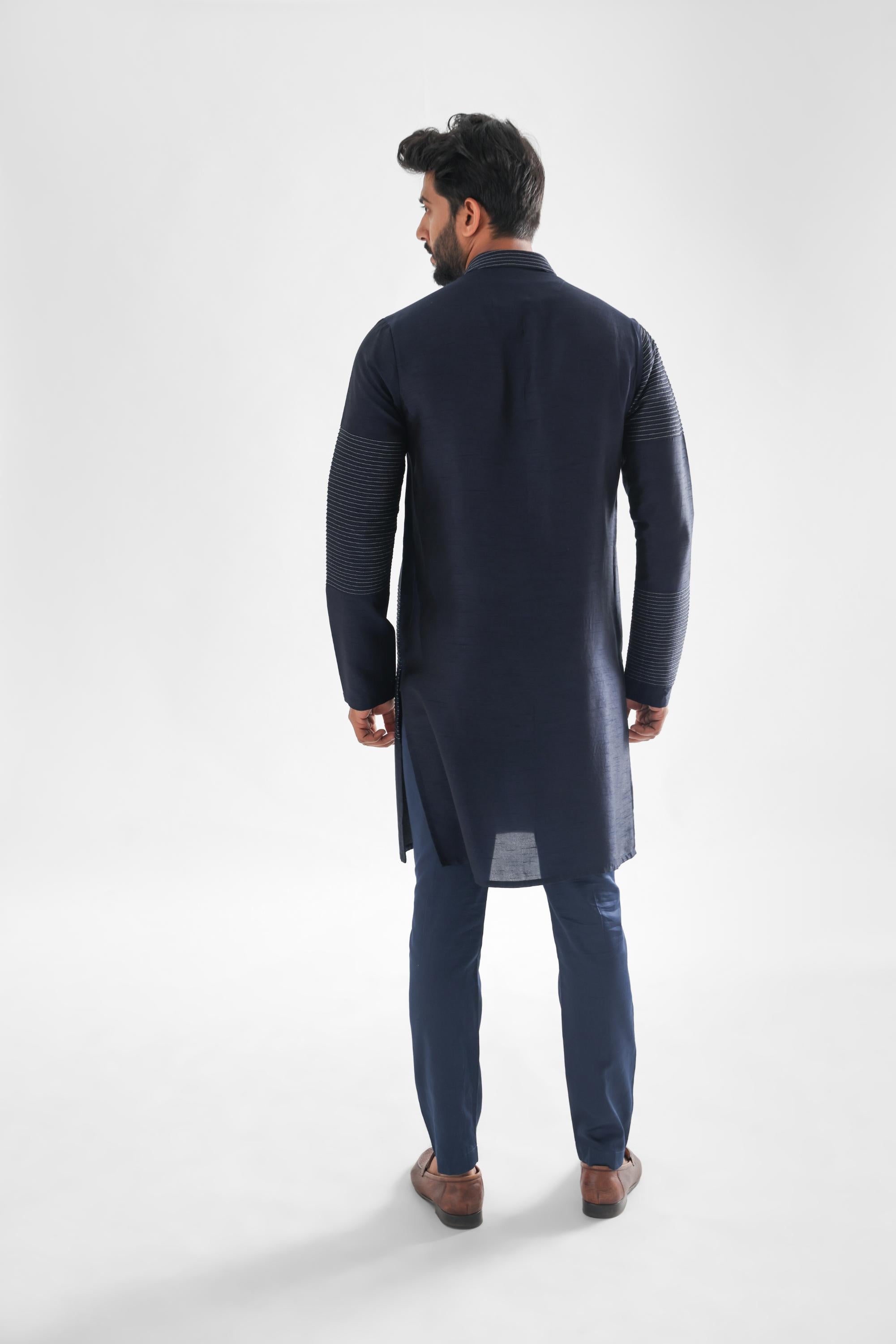 Checkered Pintucks With Stitchline Midnight Blue Kurta