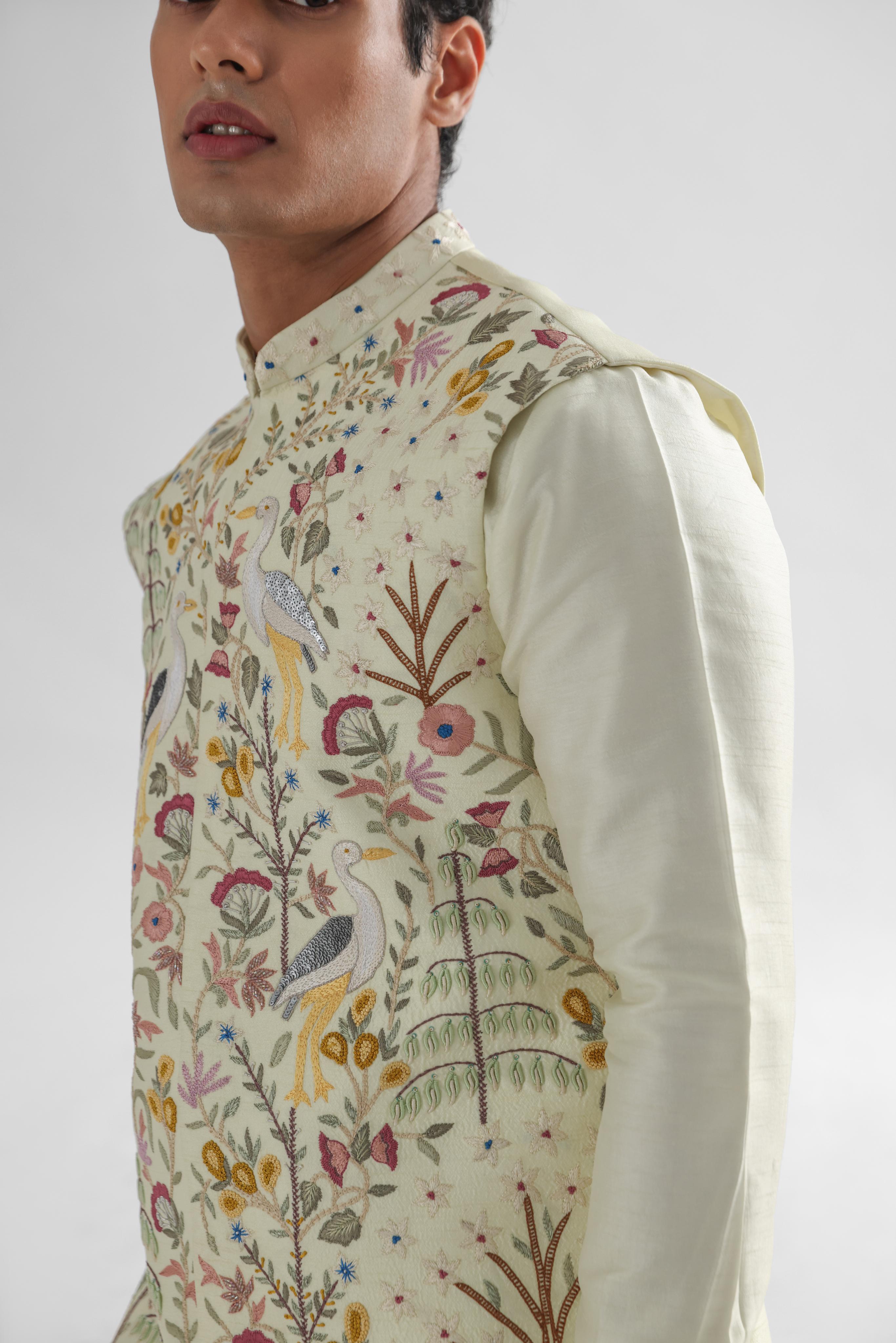 Hawk Light Yellow Nehru Jacket Embroidered